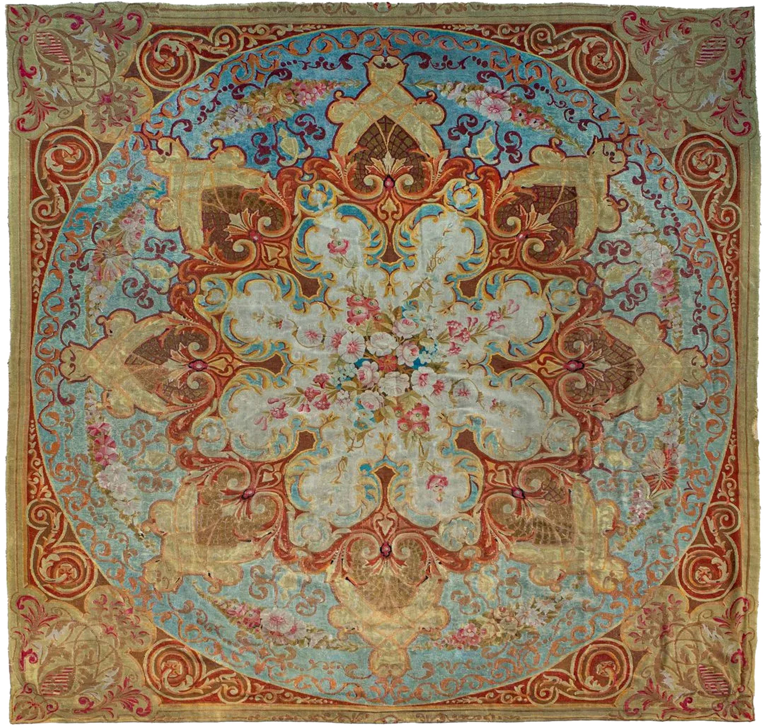 Antique Oversized Aubusson Square Tapestry with Floral Medallion - Rug & Kilim For Sale
