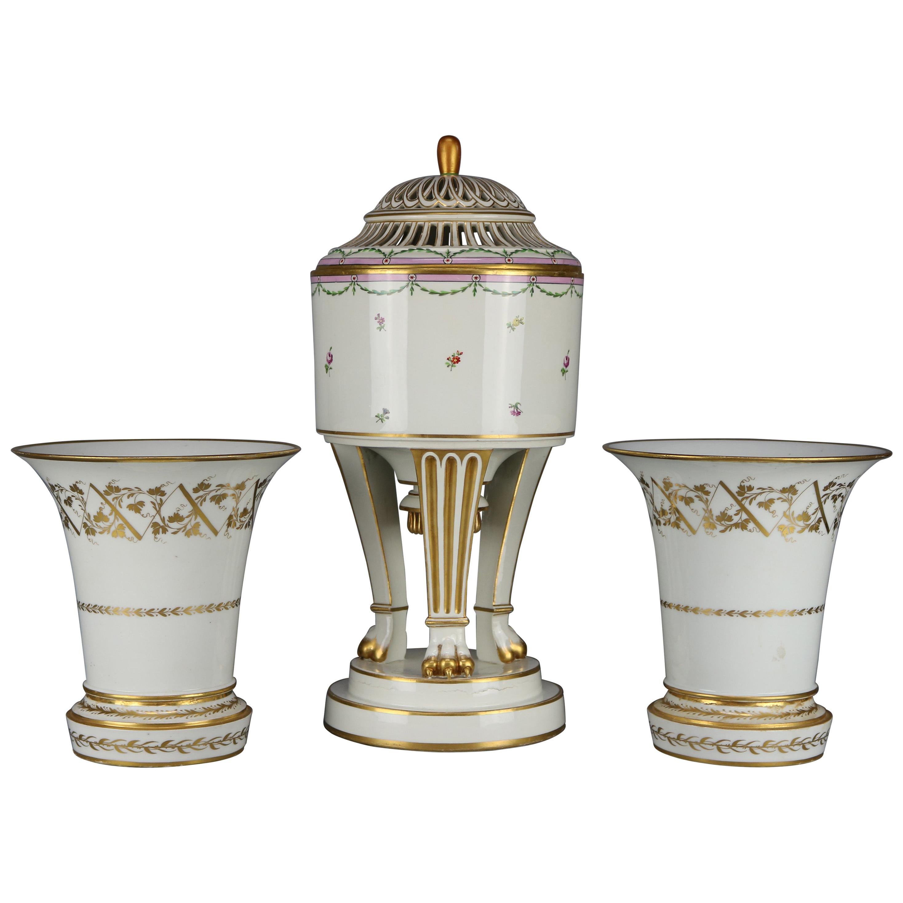 Antique Large Neoclassical Royal Vienna Porcelain 3 Piece Garniture Set, c 1890