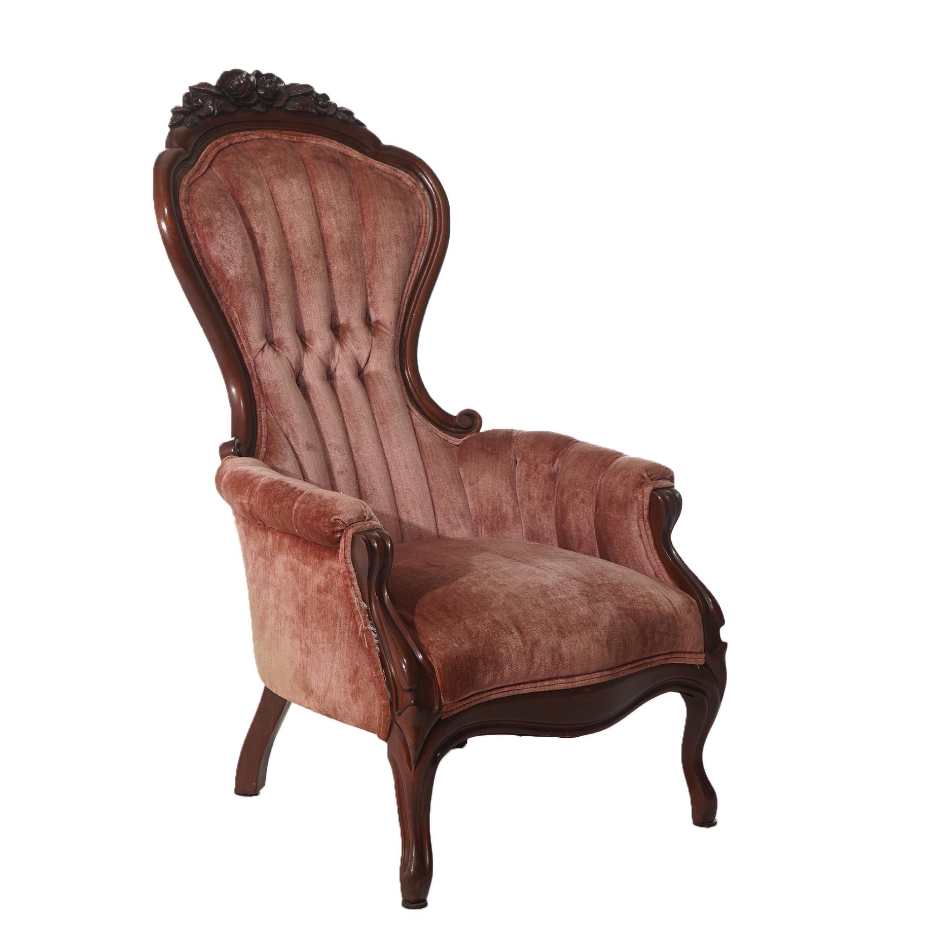 ***Ask About Reduced In-House Delivery Rates - Reliable Professional Service & Fully Insured***
A Victorian oversized armchair offers walnut frame with deeply carved floral crest over upholstered button back, seat and arms, raised on cabriole legs,
