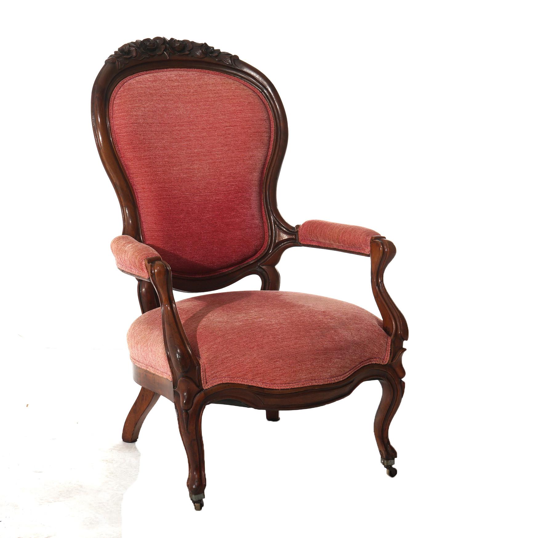 Victorian Antique Oversized Carved Walnut Armchair with Carved Floral Elements C1890 For Sale