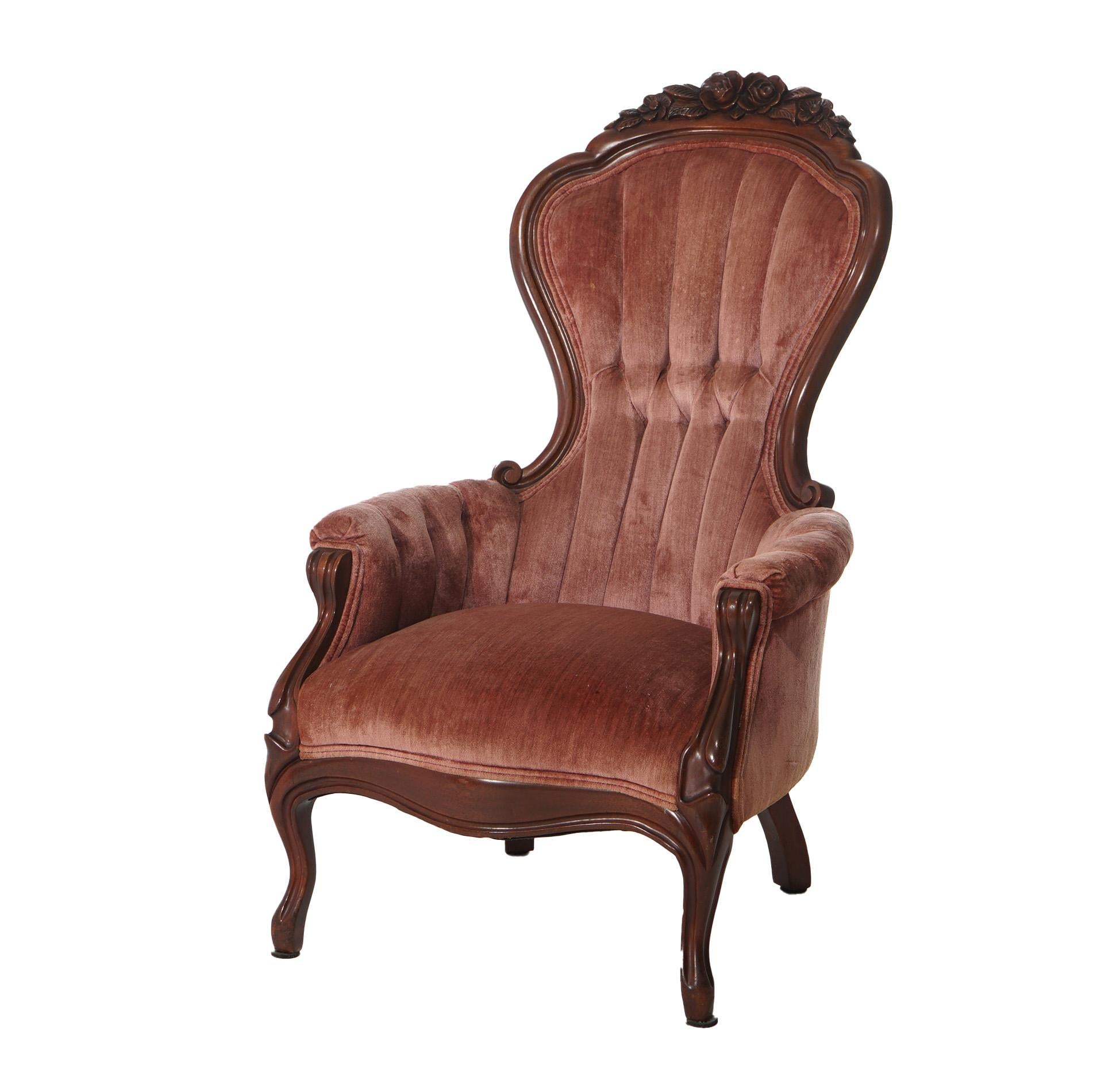 19th Century Antique Oversized Carved Walnut Armchair with Carved Floral Elements C1890 For Sale