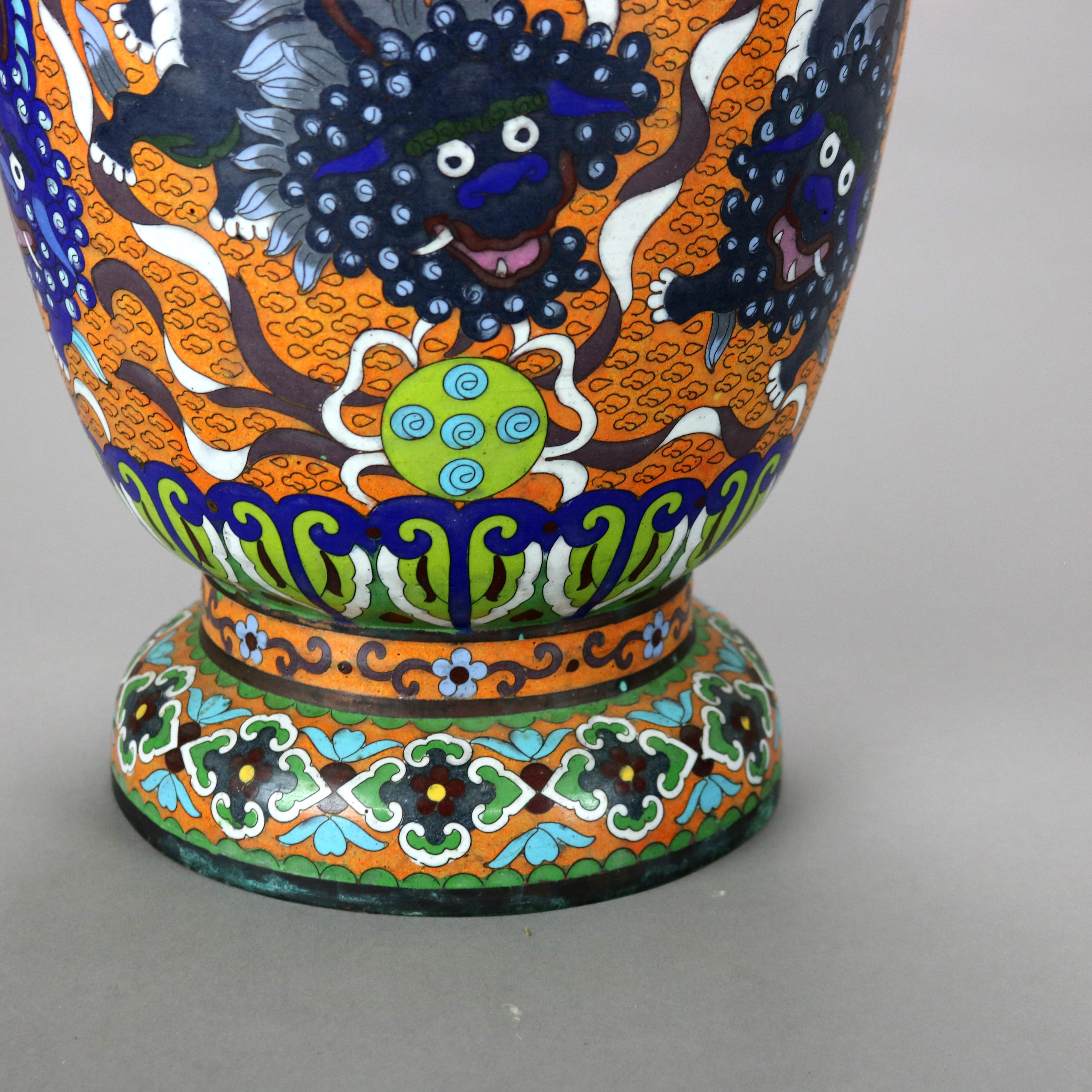 Antique Oversized Chinese Cloisonne Enameled Floor Vase with Foo Dogs 19thC

Measures - 20