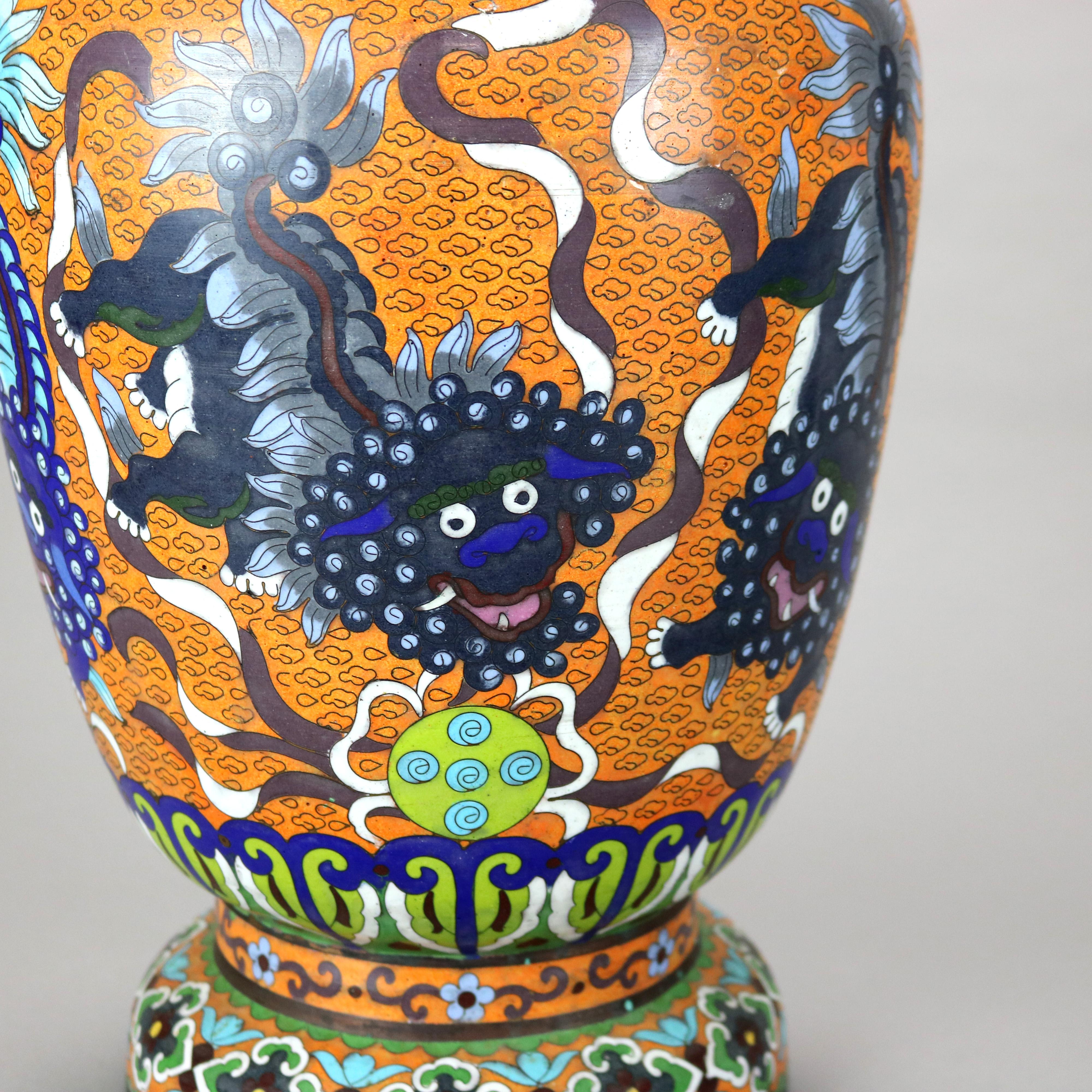 Asian Antique Oversized Chinese Cloisonne Enameled Floor Vase with Foo Dogs 19thC