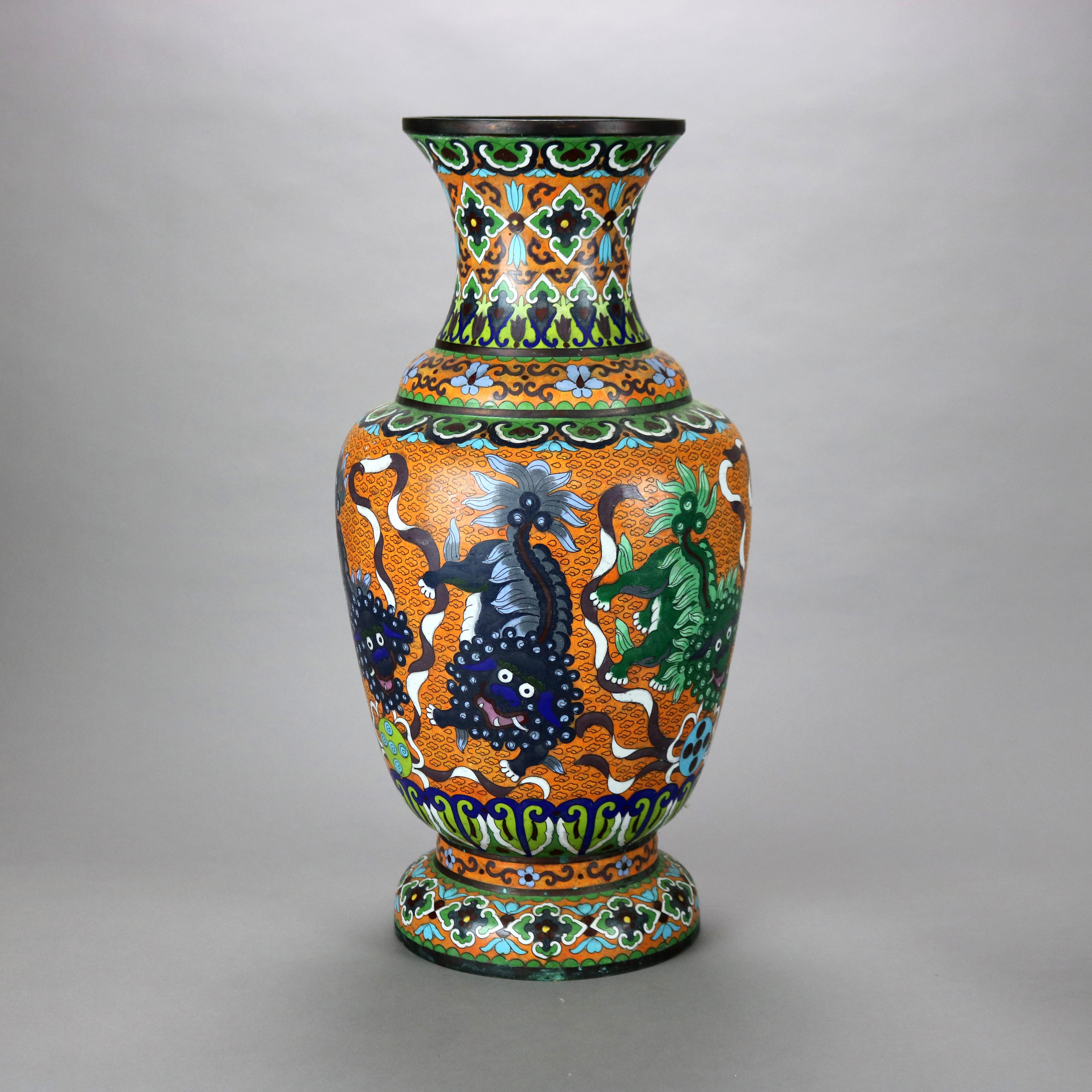 Antique Oversized Chinese Cloisonne Enameled Floor Vase with Foo Dogs 19thC In Good Condition In Big Flats, NY