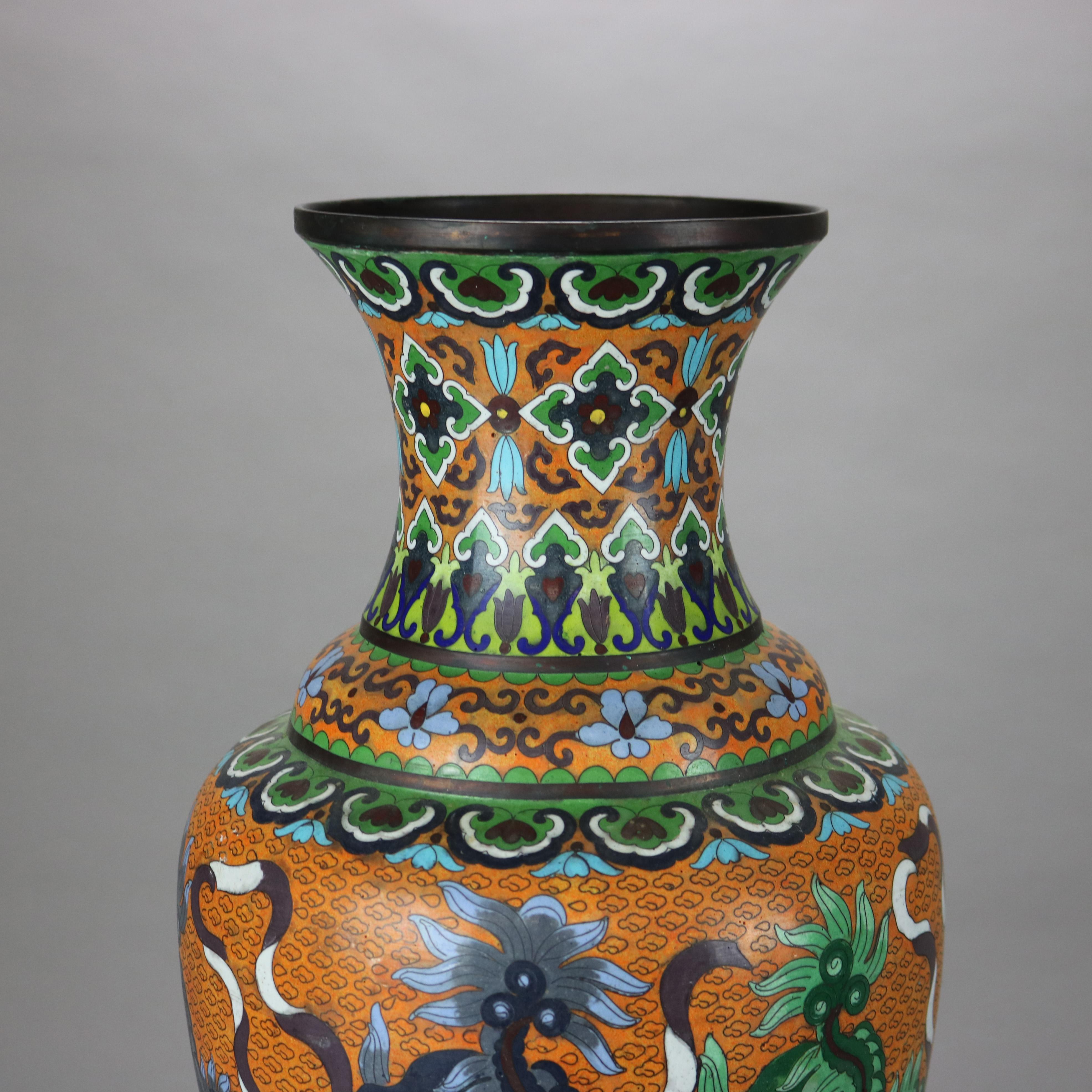 19th Century Antique Oversized Chinese Cloisonne Enameled Floor Vase with Foo Dogs 19thC