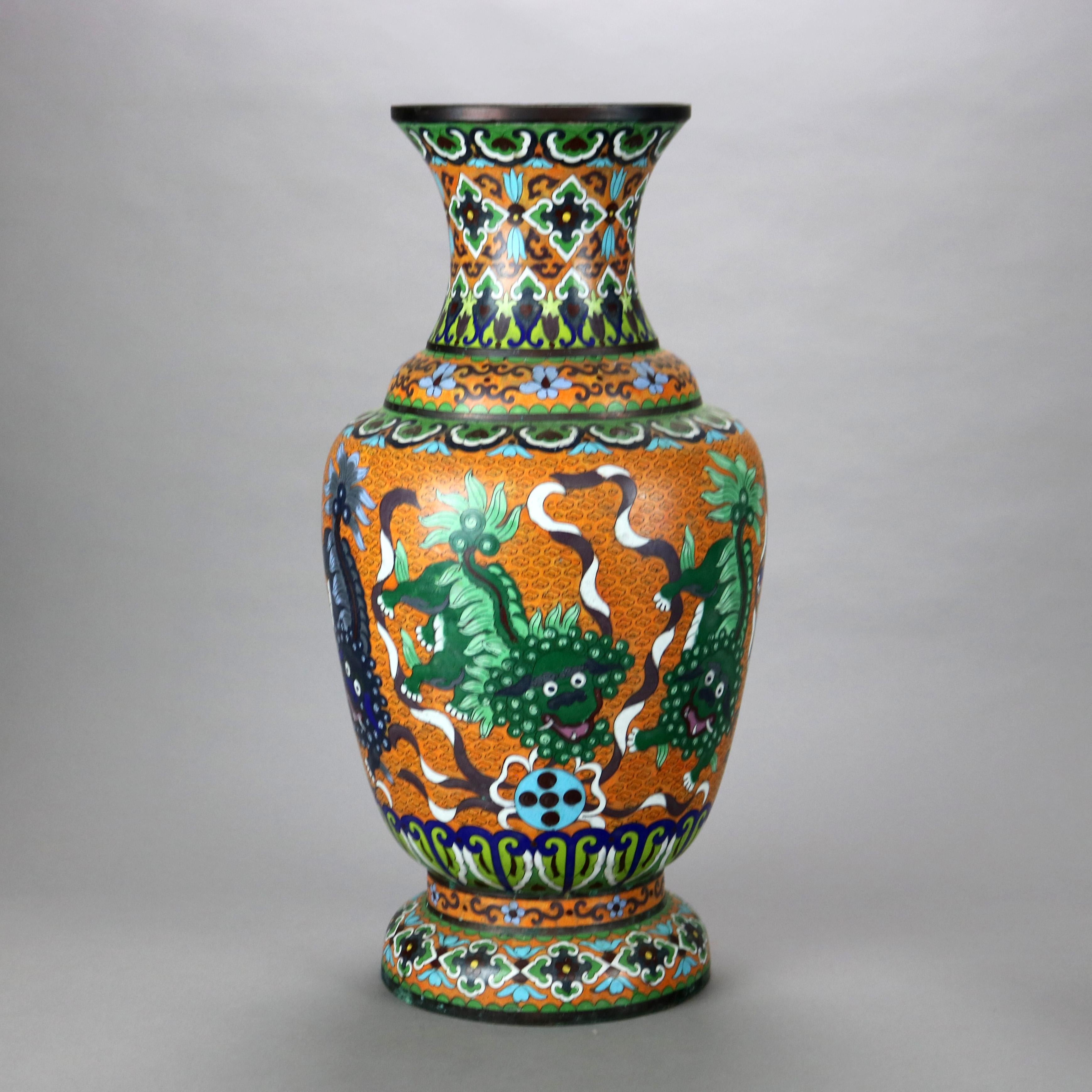Metal Antique Oversized Chinese Cloisonne Enameled Floor Vase with Foo Dogs 19thC