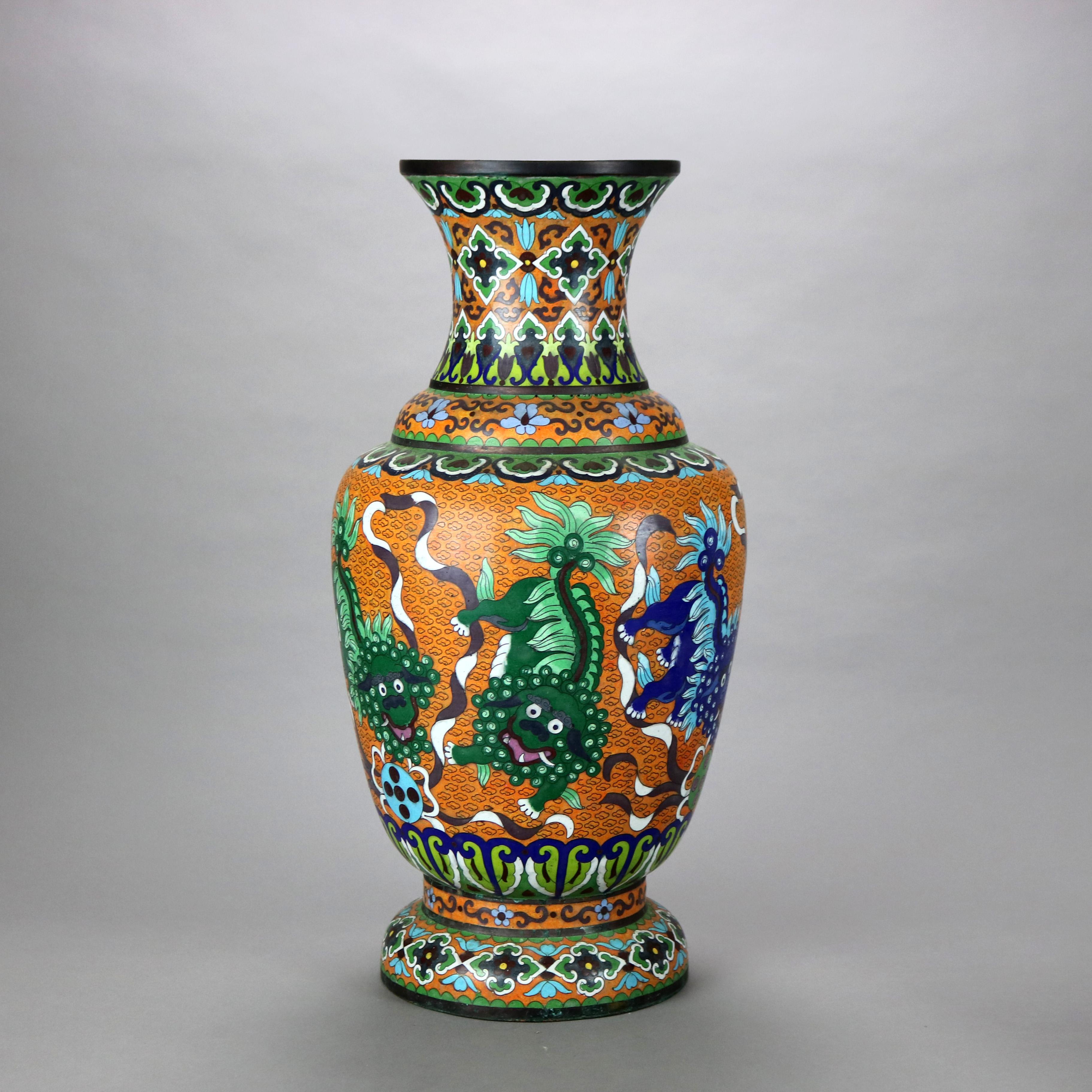 Antique Oversized Chinese Cloisonne Enameled Floor Vase with Foo Dogs 19thC 1
