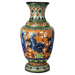 Antique Oversized Chinese Cloisonne Enameled Floor Vase with Foo Dogs 19thC