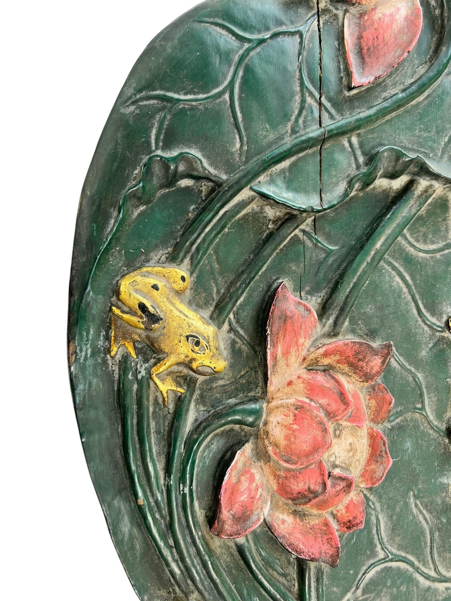 Antique Oversized Chinese Hand Carved Signboard with Lotus and Bat Motifs, Circa For Sale 4