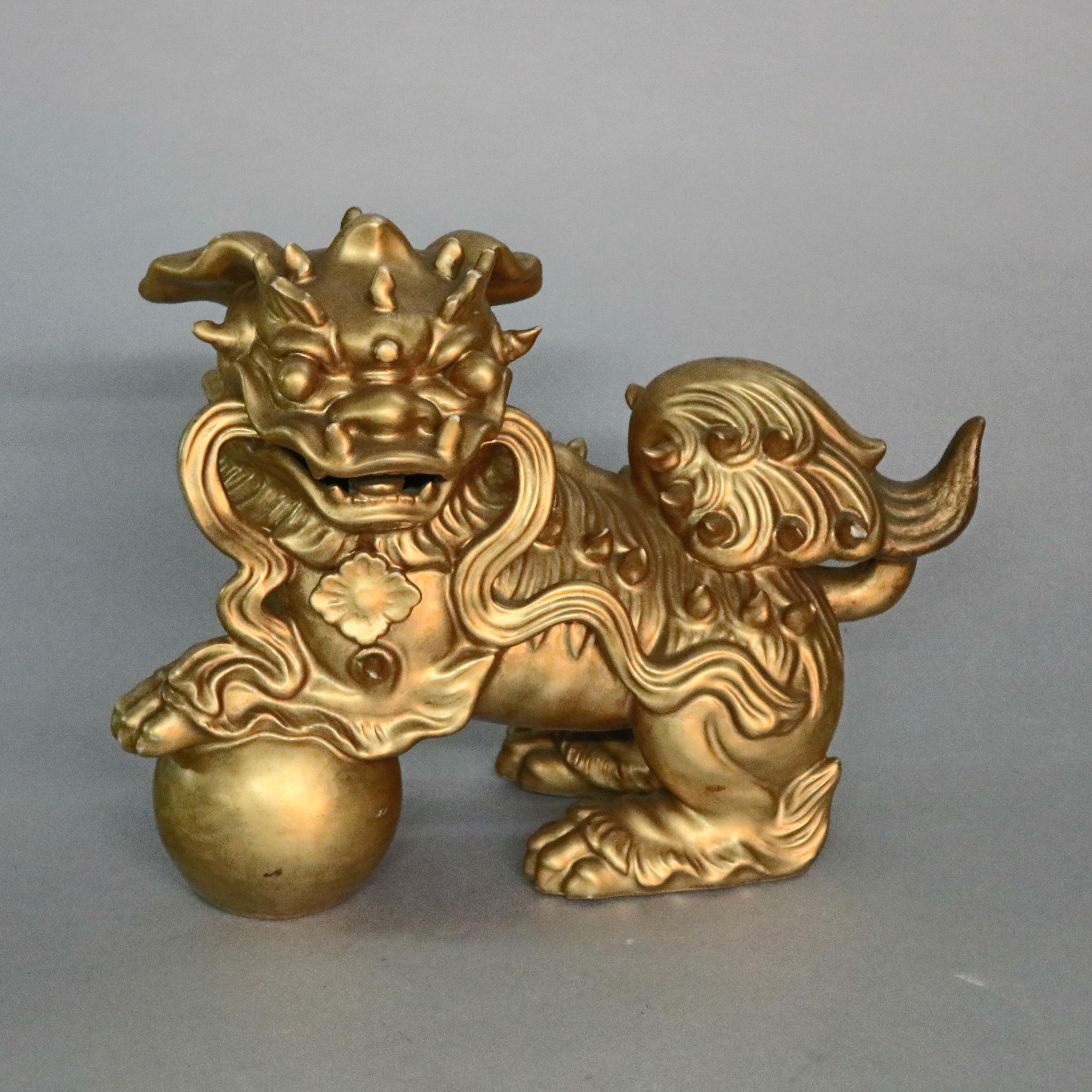 Antique Oversized Chinese Qing Dynasty Gilt Porcelain Foo Dog, 19th Century In Good Condition In Big Flats, NY