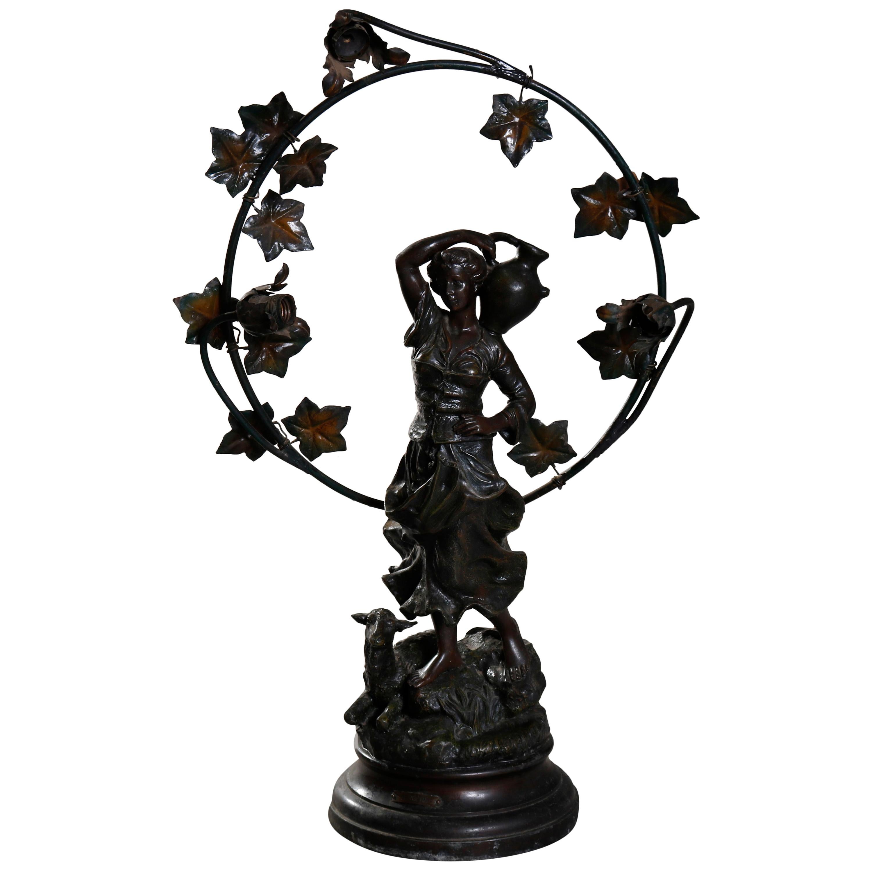 Antique Oversized Classical Bronzed Figural Newel Post Lamp, circa 1900