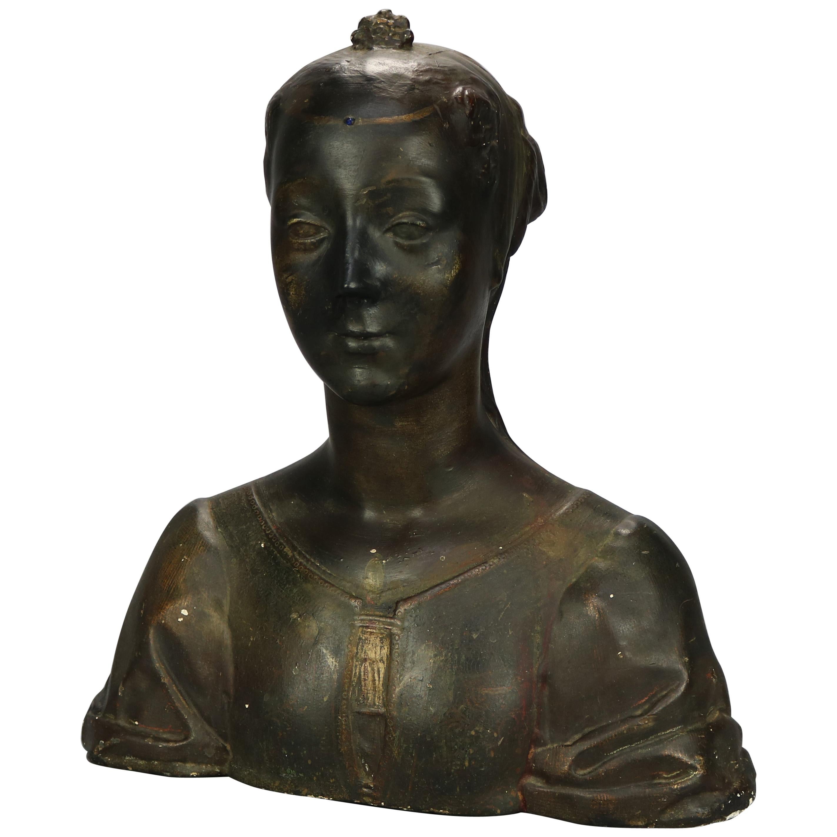 Antique Oversized Classical Plaster Sculptural Bust of Woman, Circa 1890