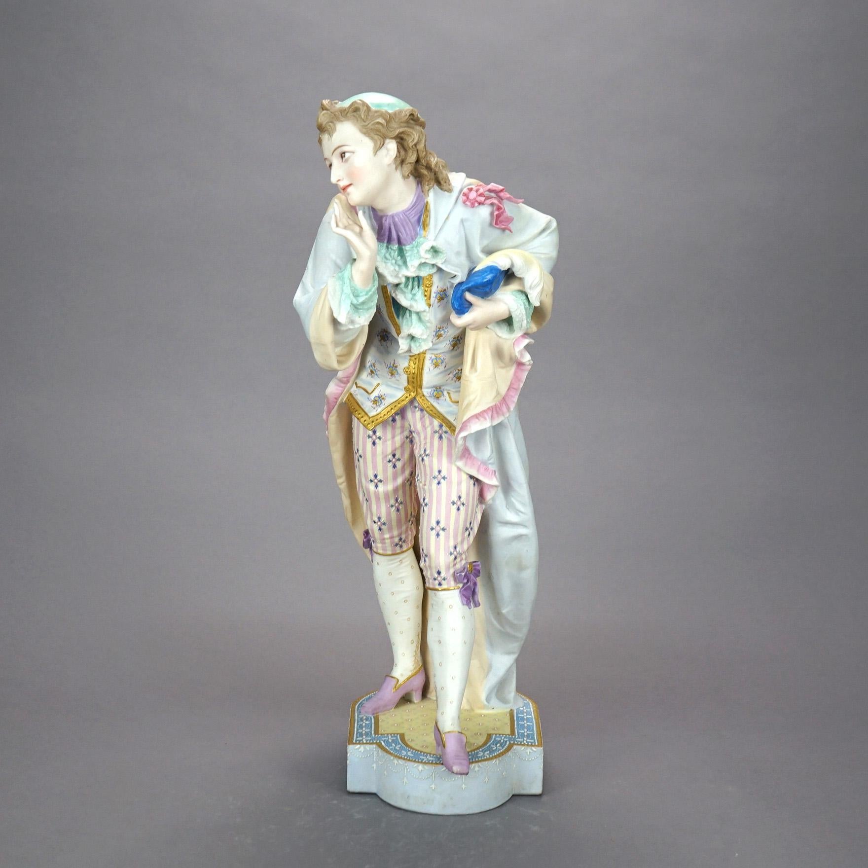 An antique and large English figure by Chelsea or Vion et Baury, Paris offers porcelain construction in the form a a young man in countryside setting, hand painted with gilt highlights throughout, green anchor mark as photographed, 19th
