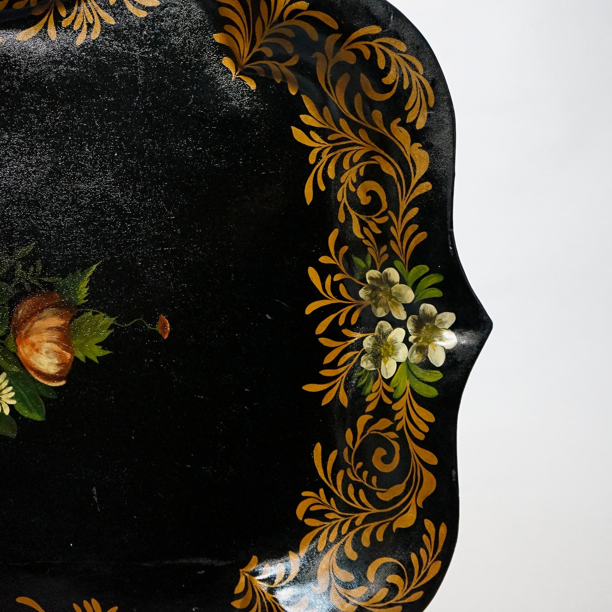 Antique Oversized Floral Painted Toleware Serving Tray 19th C In Good Condition In Big Flats, NY