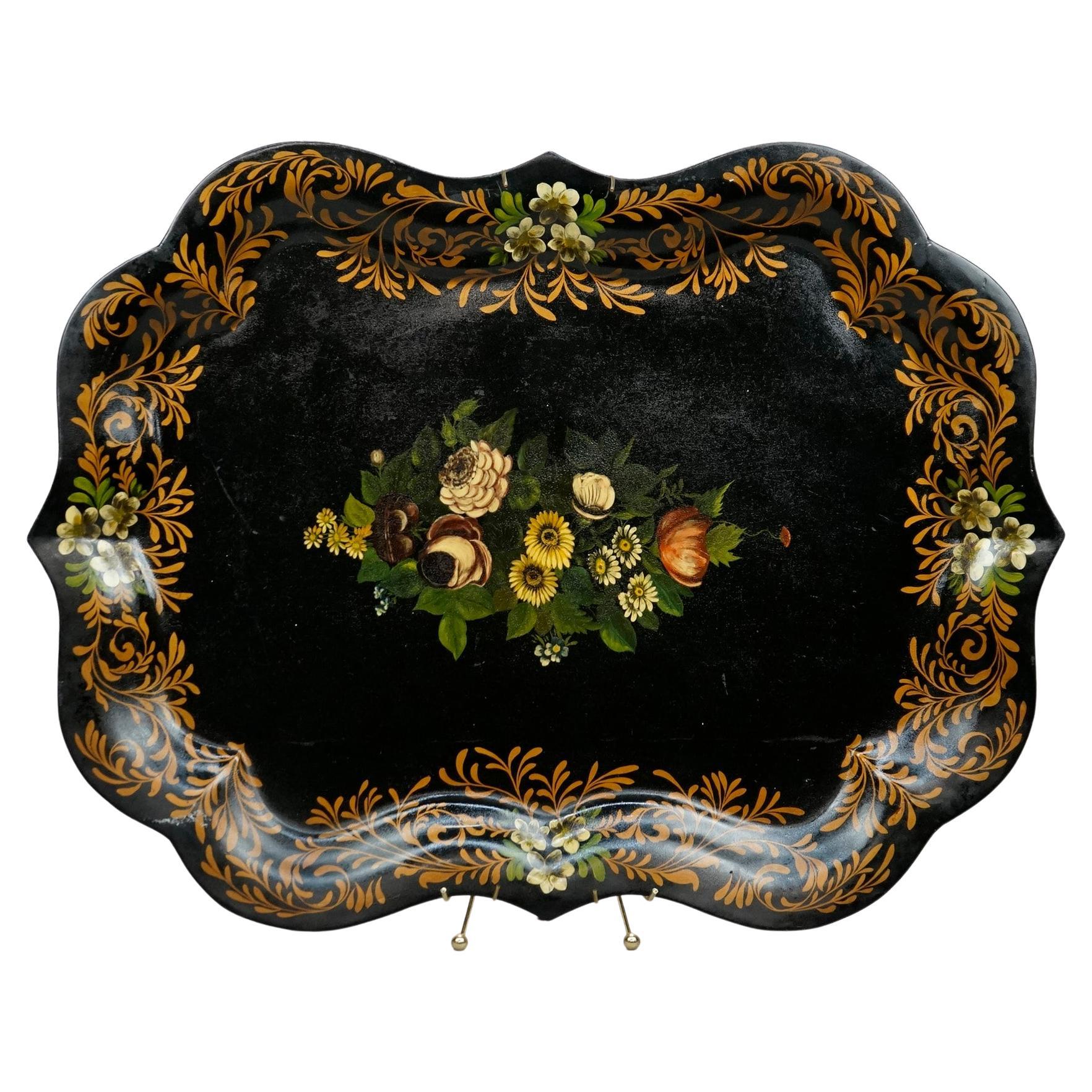 Antique Oversized Floral Painted Toleware Serving Tray 19th C