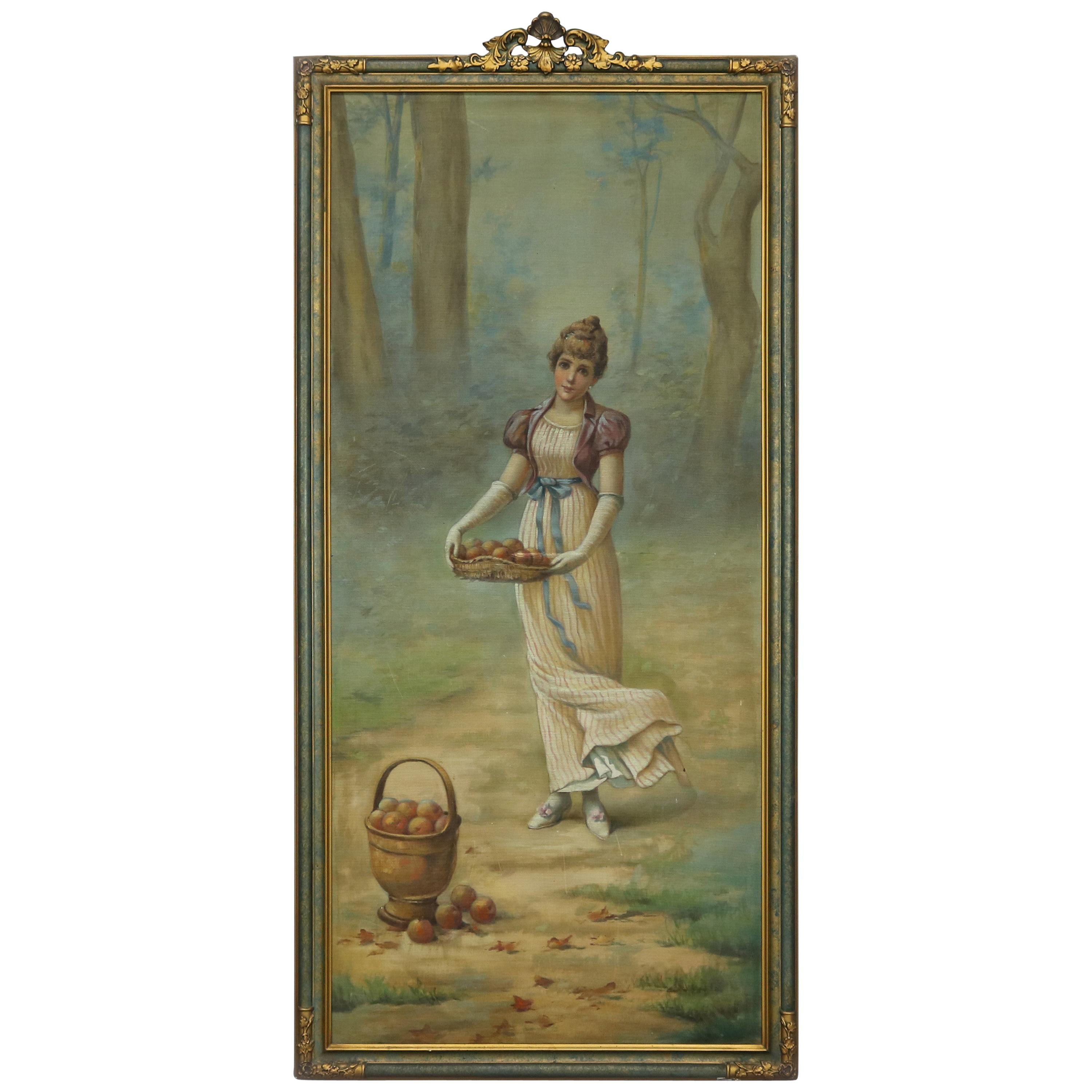 Antique Oversized Framed Tapestry Painting of Young Woman & Fruit, c 1900