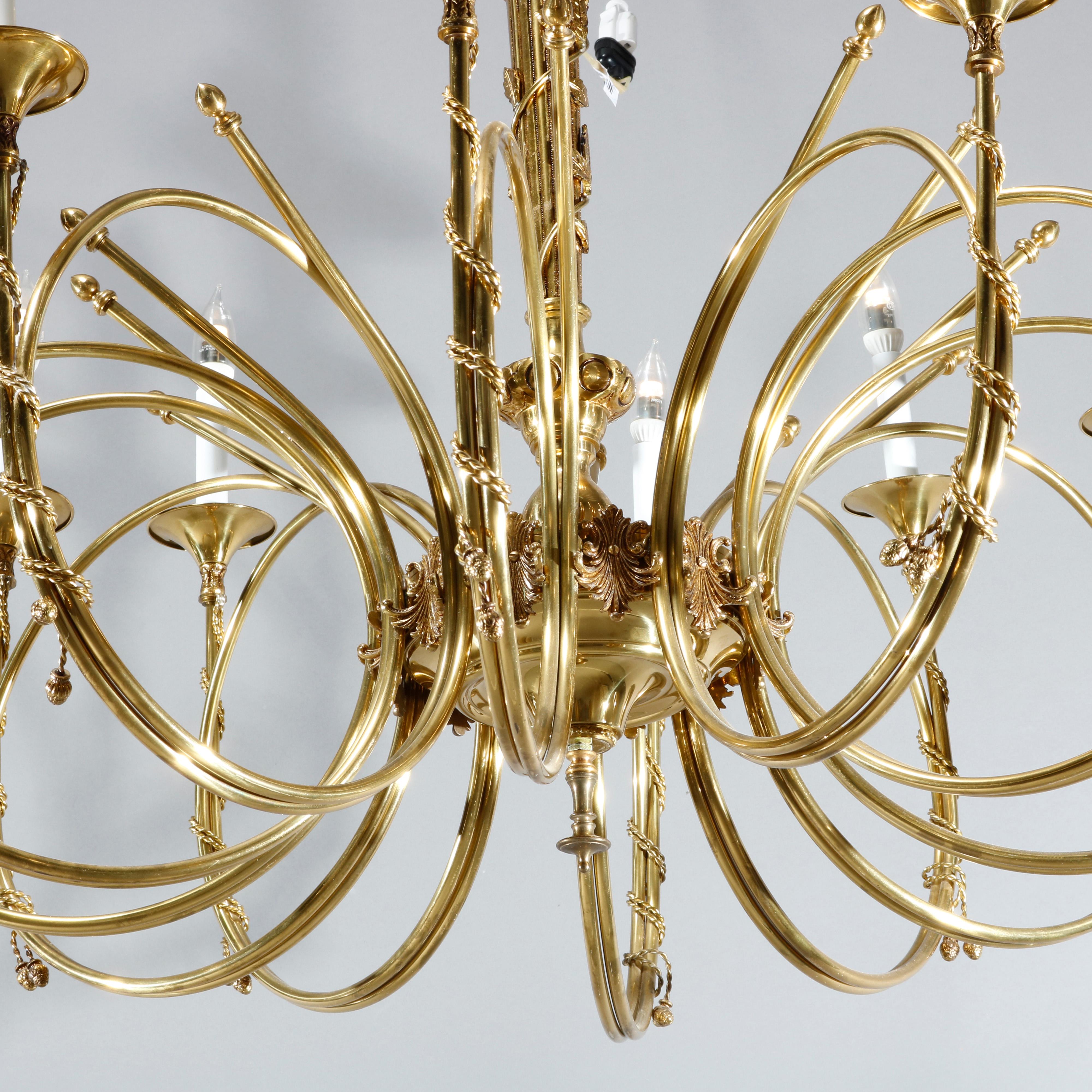 Antique Oversized French Empire Brass Trumpet Form Chandelier, 20th Century In Good Condition In Big Flats, NY