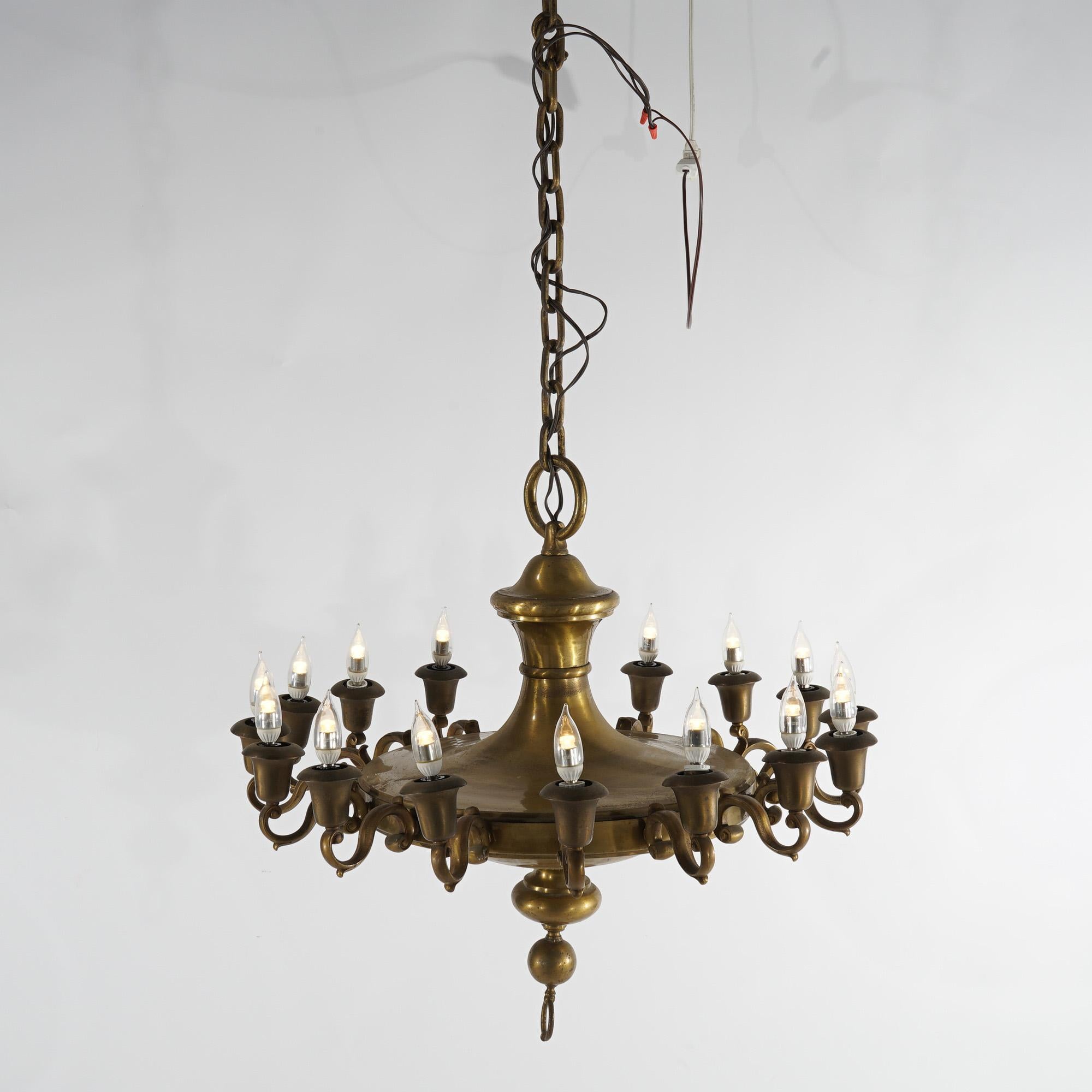 Antique Oversized French Empire Style Brass  16-Light Pan Chandelier, 20th C For Sale 11