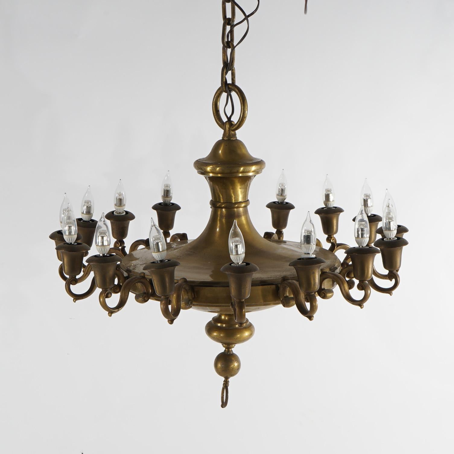 American Antique Oversized French Empire Style Brass  16-Light Pan Chandelier, 20th C For Sale