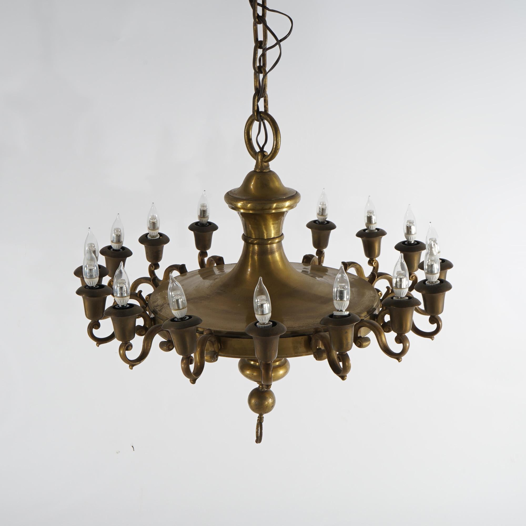Antique Oversized French Empire Style Brass  16-Light Pan Chandelier, 20th C In Good Condition For Sale In Big Flats, NY
