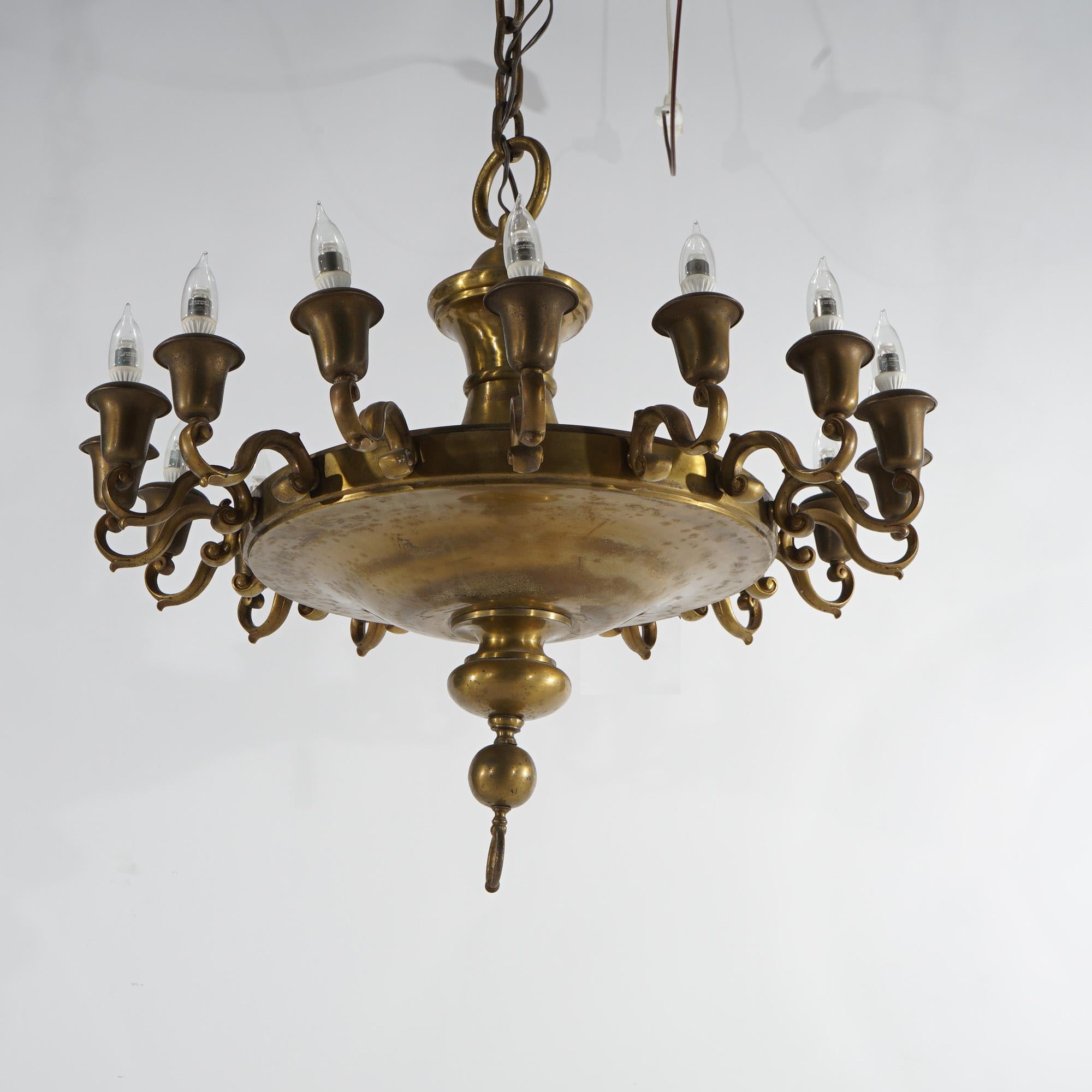 20th Century Antique Oversized French Empire Style Brass  16-Light Pan Chandelier, 20th C For Sale