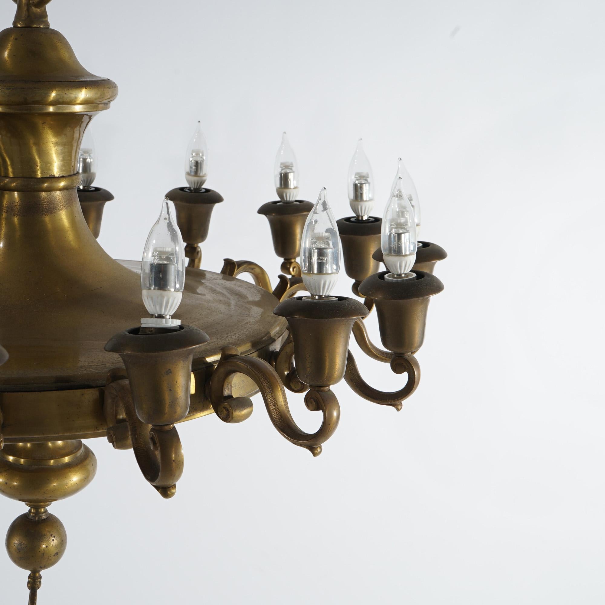 Antique Oversized French Empire Style Brass  16-Light Pan Chandelier, 20th C For Sale 1