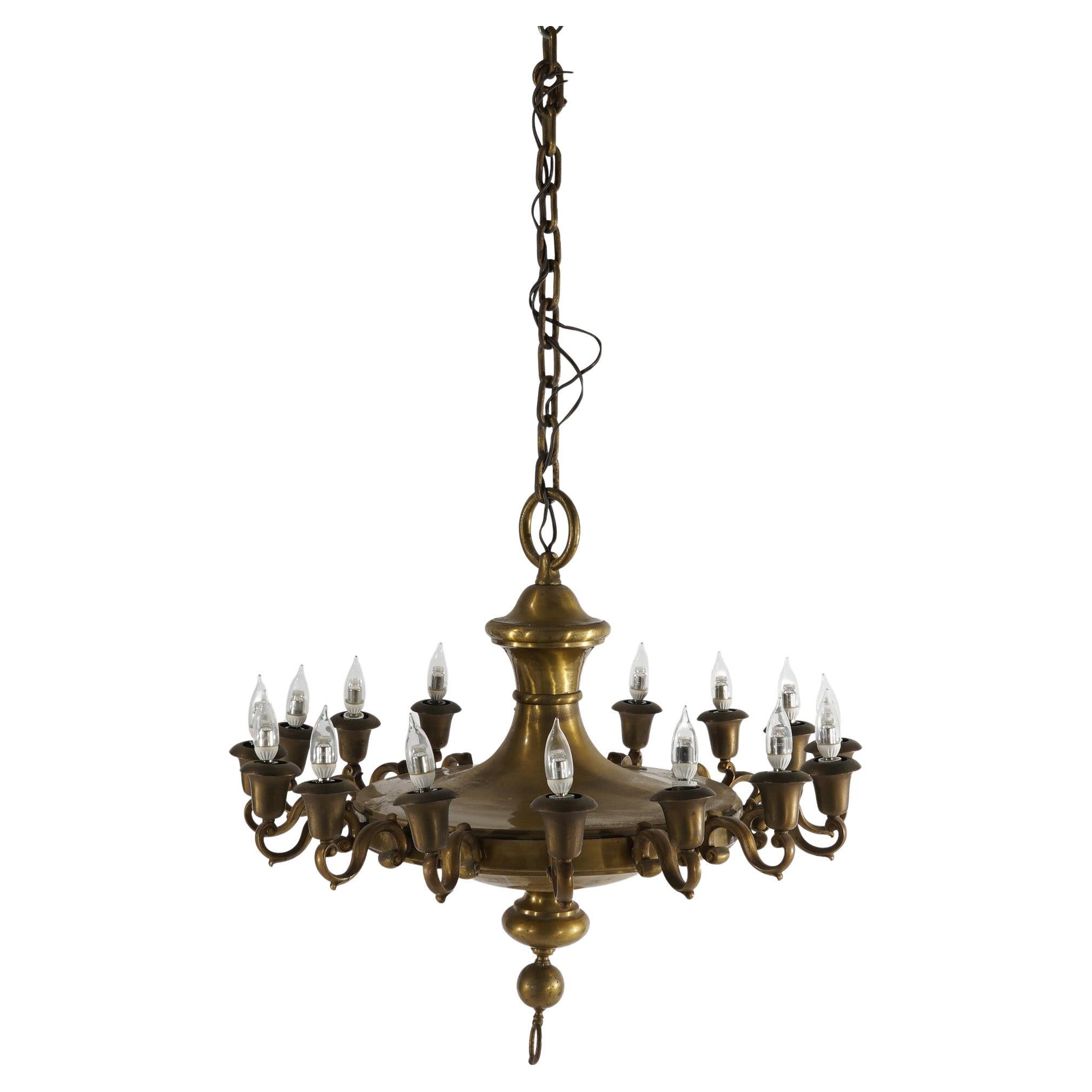 Antique Oversized French Empire Style Brass  16-Light Pan Chandelier, 20th C For Sale