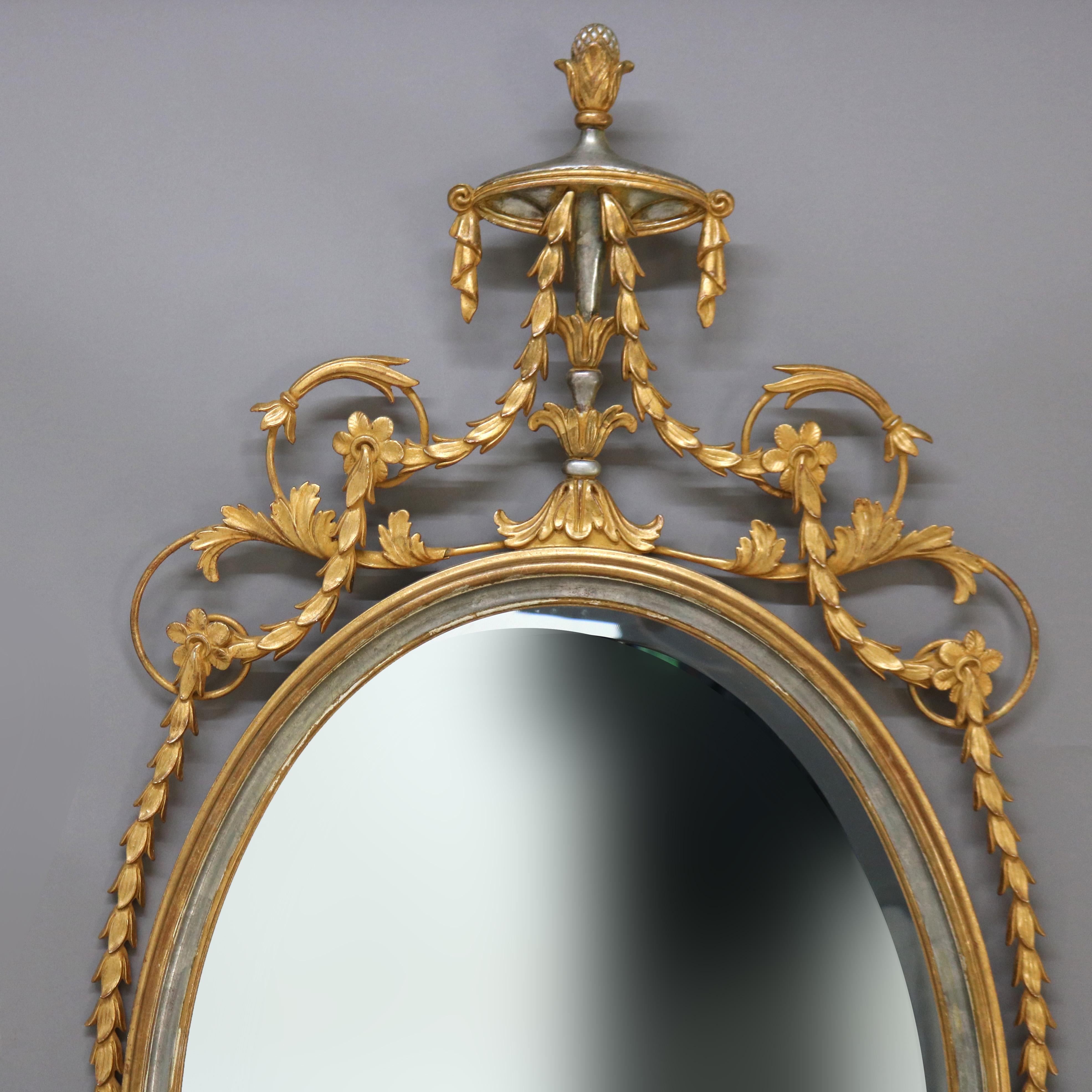 20th Century Antique Oversized French Giltwood Wall Mirror with Silver Embellishments For Sale