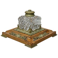 Antique Oversized French Inkwell on Oak Base with Bronze Mounts, circa 1890