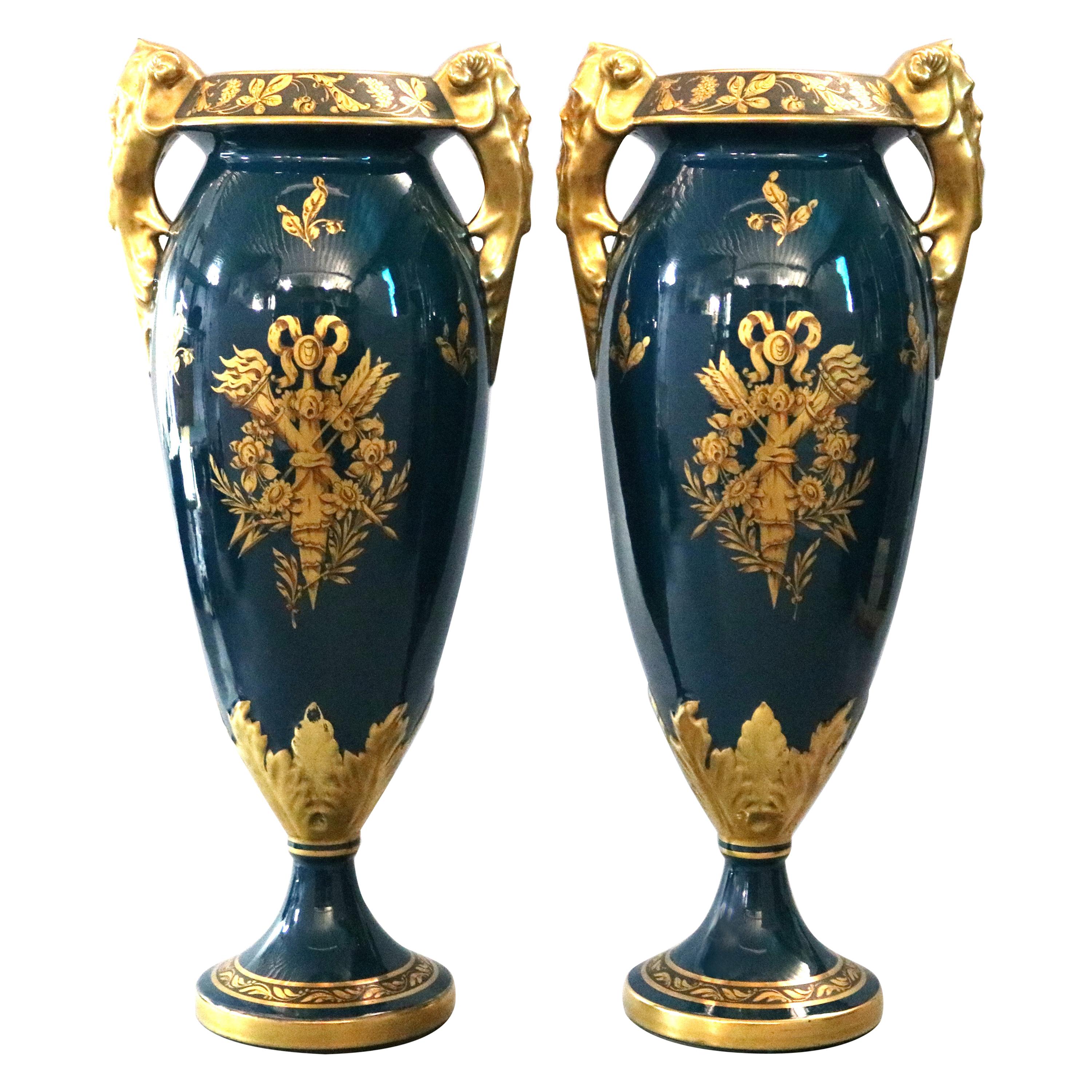 Antique Oversized French Limoges Figural Gilt Porcelain Vases, Jacob Petit