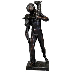 Antique Oversized French Neoclassical Bronze Sculpture of Boy & Sheep