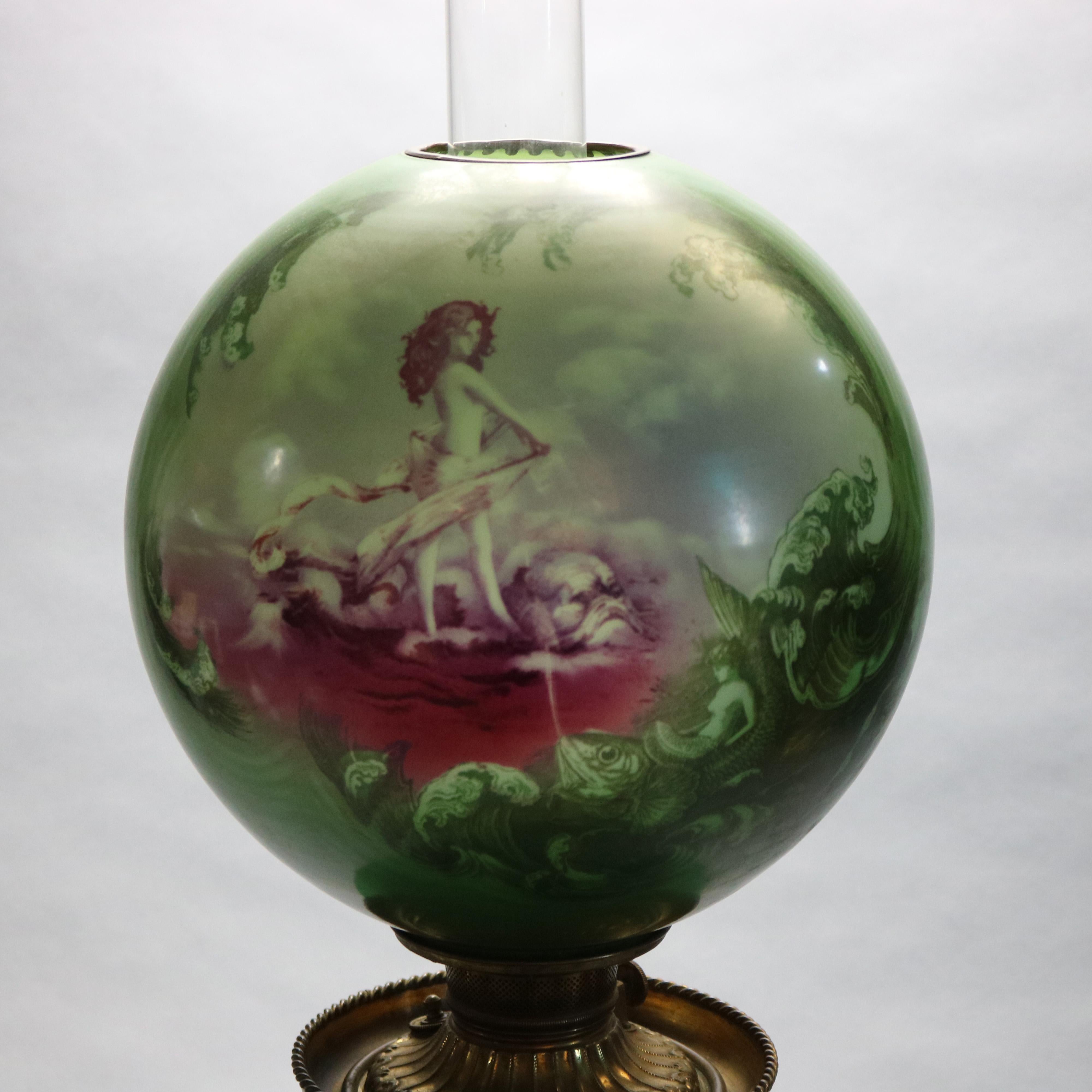 Victorian Antique Oversized Gone with the Wind Lamp, Hand-Painted Scenic with Mermaid