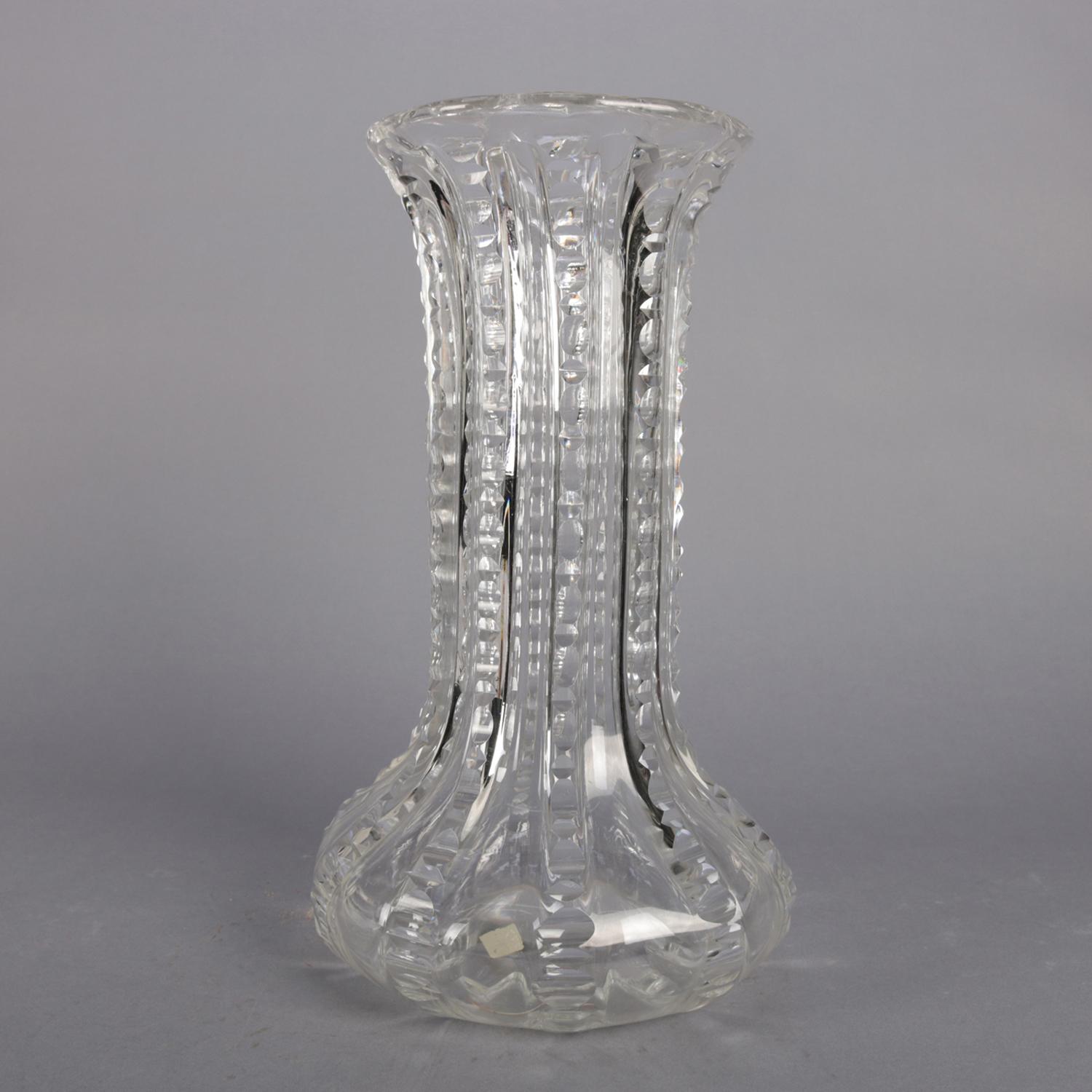 Oversized antique Hawkes School glass vase features ribbed design with bulbous base, narrow neck and flared mouth, circa 1900.

***DELIVERY NOTICE – Due to COVID-19 we are employing NO-CONTACT PRACTICES in the transfer of purchased items. 
