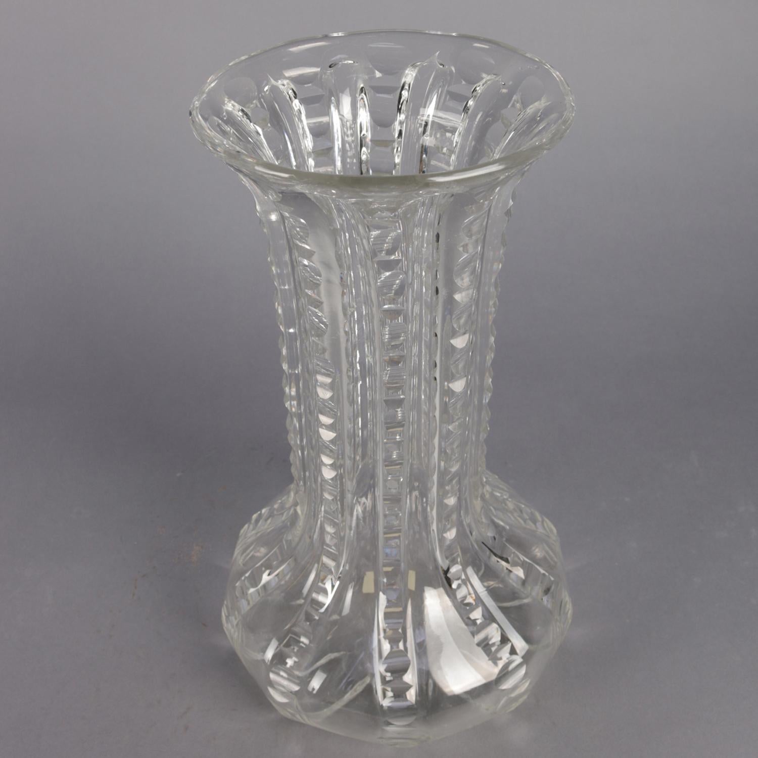 Pressed Antique Oversized Hawkes School Ribbed Glass Flower Vase, circa 1900