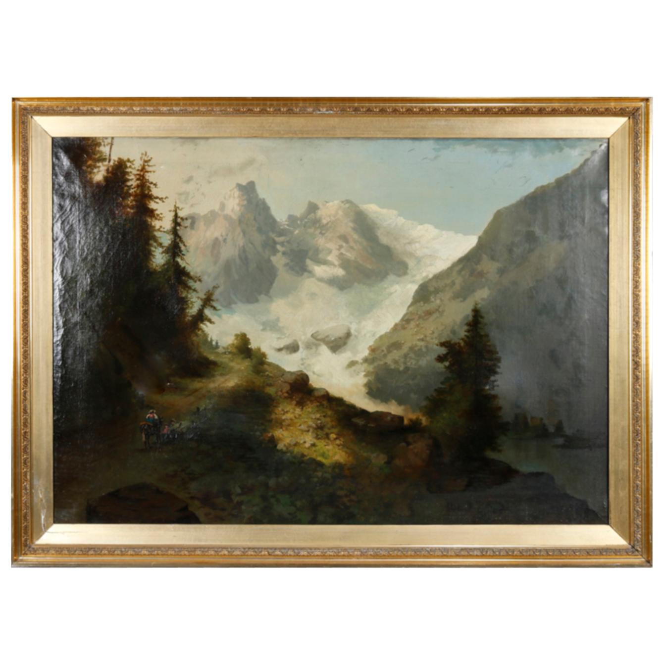 Oversized Hudson River School Landscape Snowy Mountains Painting, circa 1900