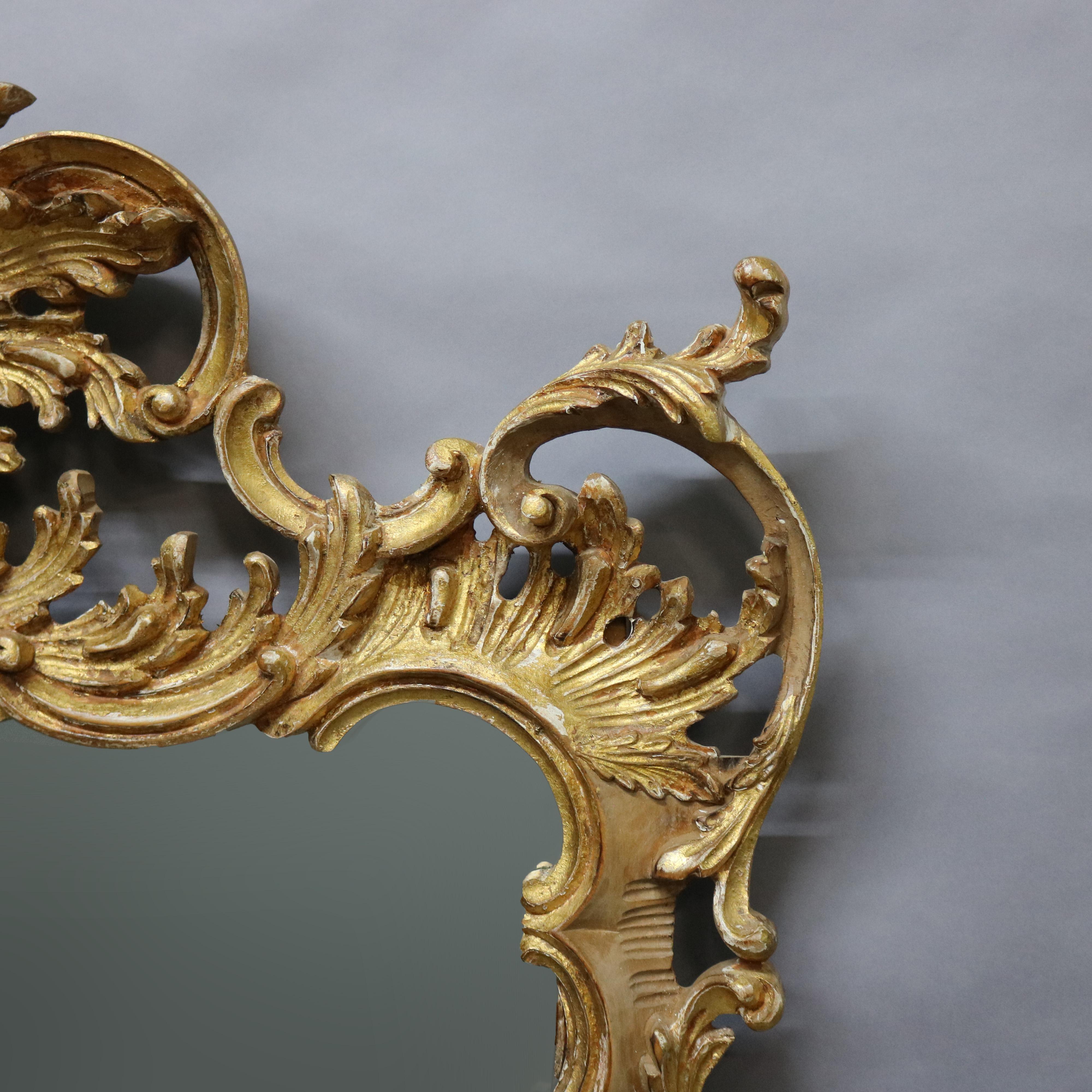 20th Century Antique Oversized Italian Rococo Revival Giltwood Over Mantel Wall Mirror 20th C