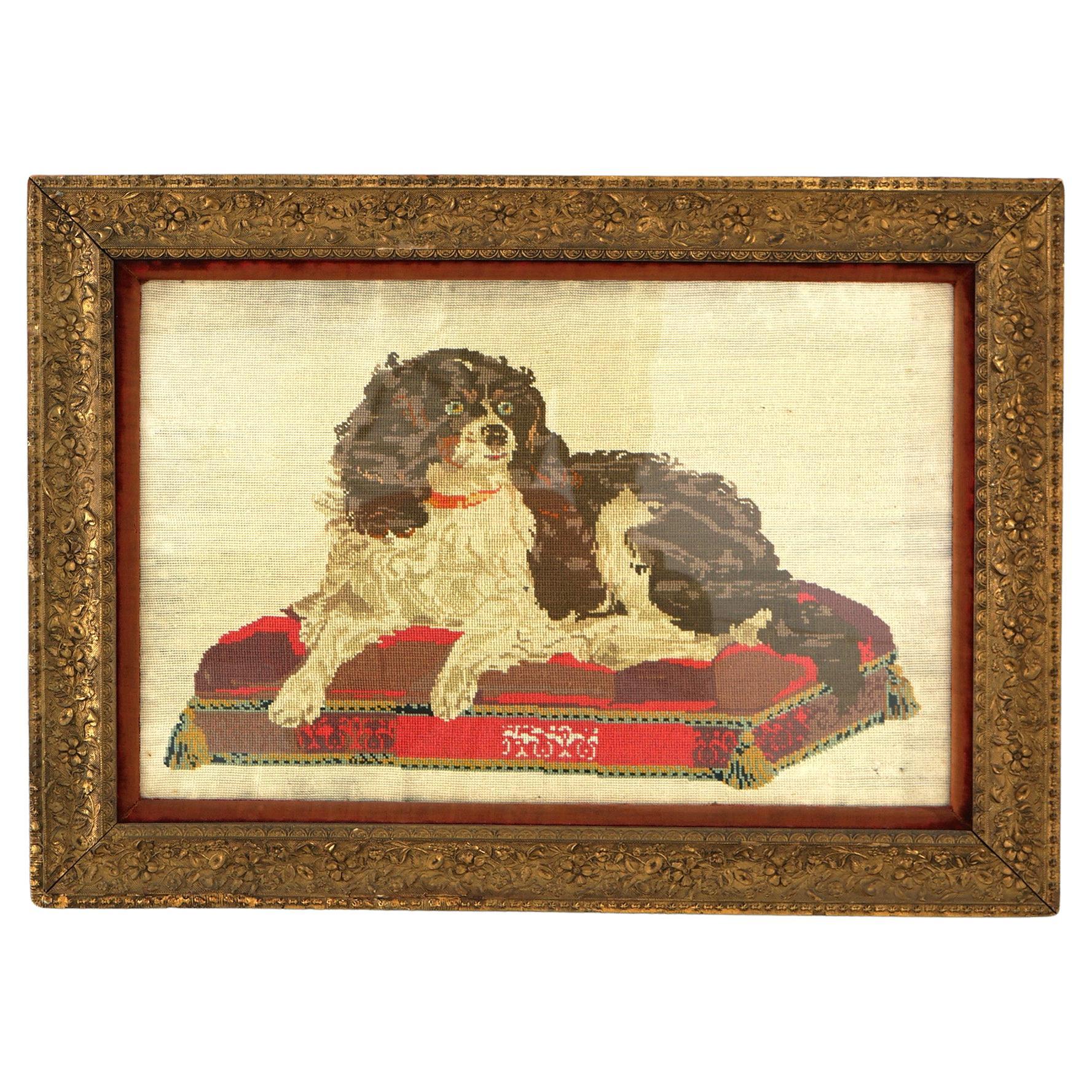 Antique Oversized Needlework Portrait of a Cavalier King Charles Spaniel C1890