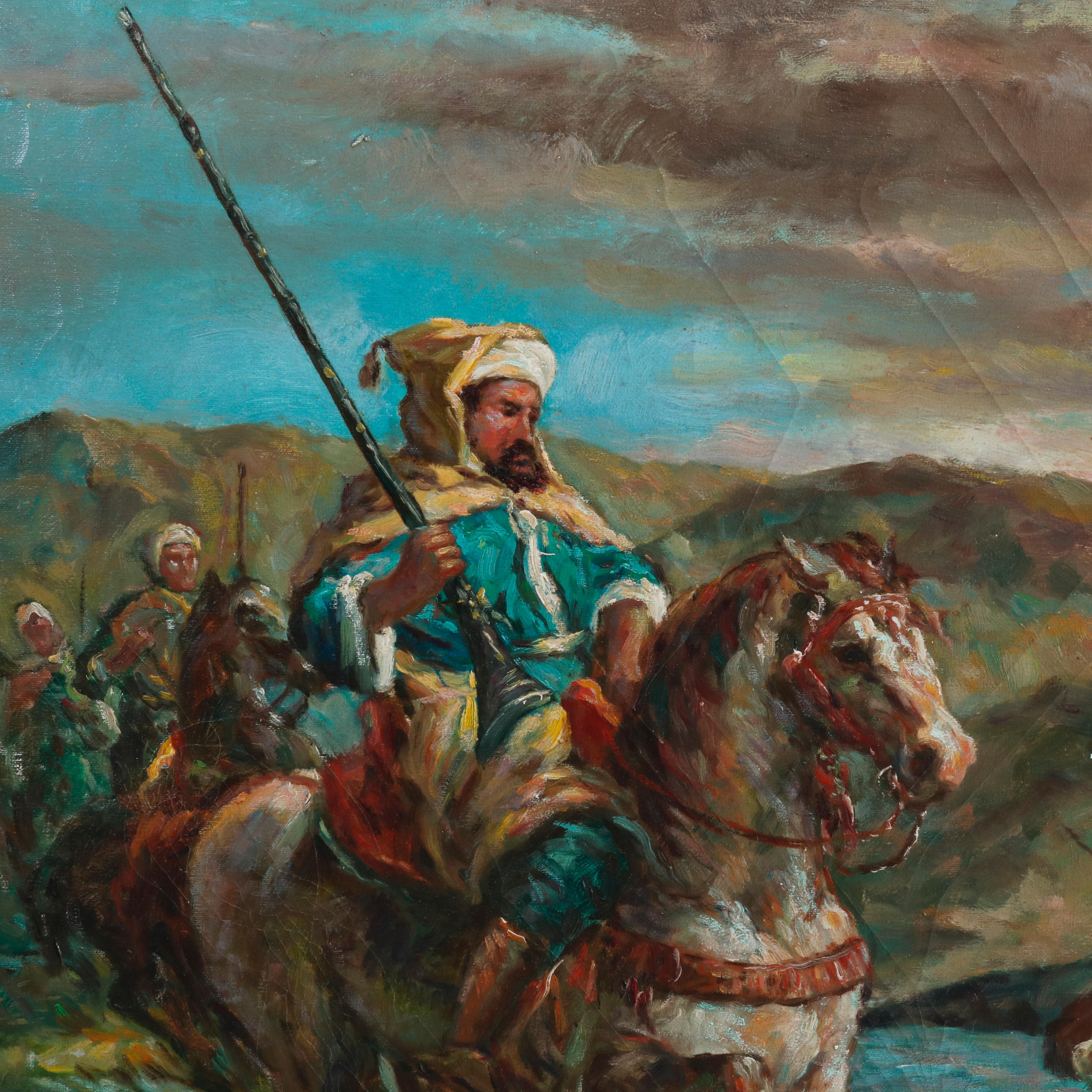 An antique and oversized Orientalist oil on canvas painting depicts Russian soldiers on horseback crossing a river in countryside setting, signed lower right Dakar, seated in giltwood frame with rosette corners, 20th century

Measures: 39.5