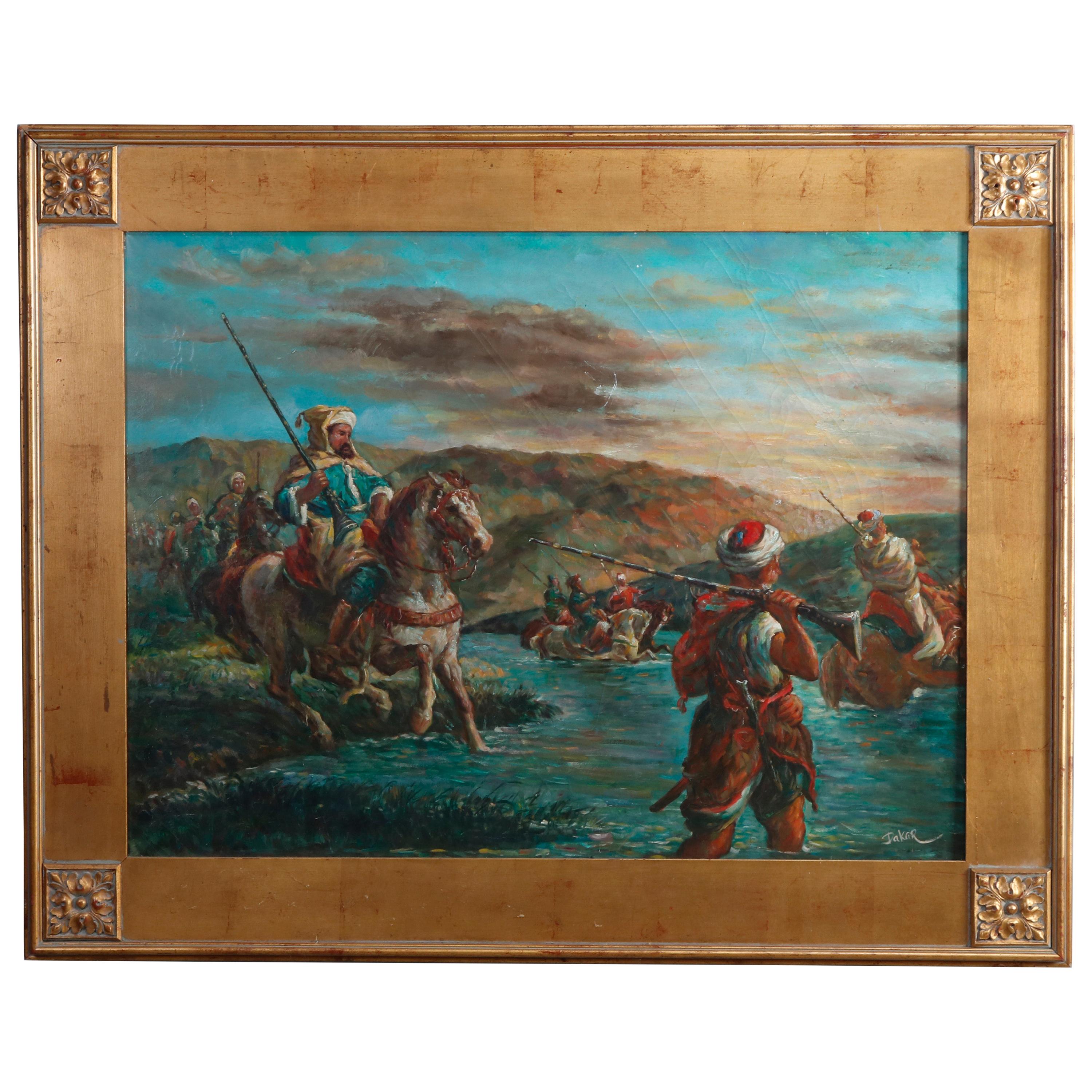 Antique Oversized Oil Painting, Russian Soldiers on Horseback, by Dakar, 20th C