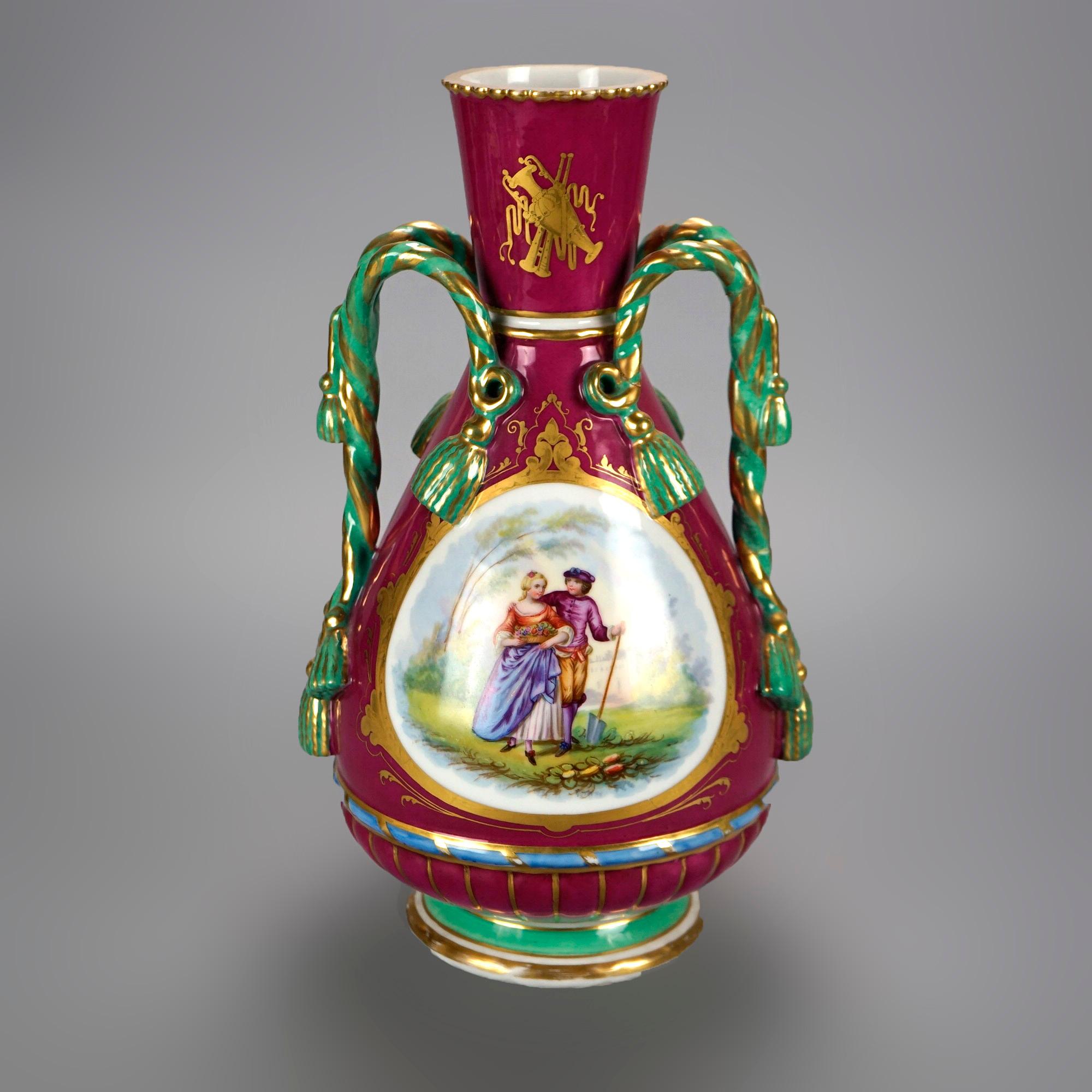 Français Vase ancien surdimensionné en porcelaine de genre de Paris avec pompons et poignées, 19ème siècle en vente