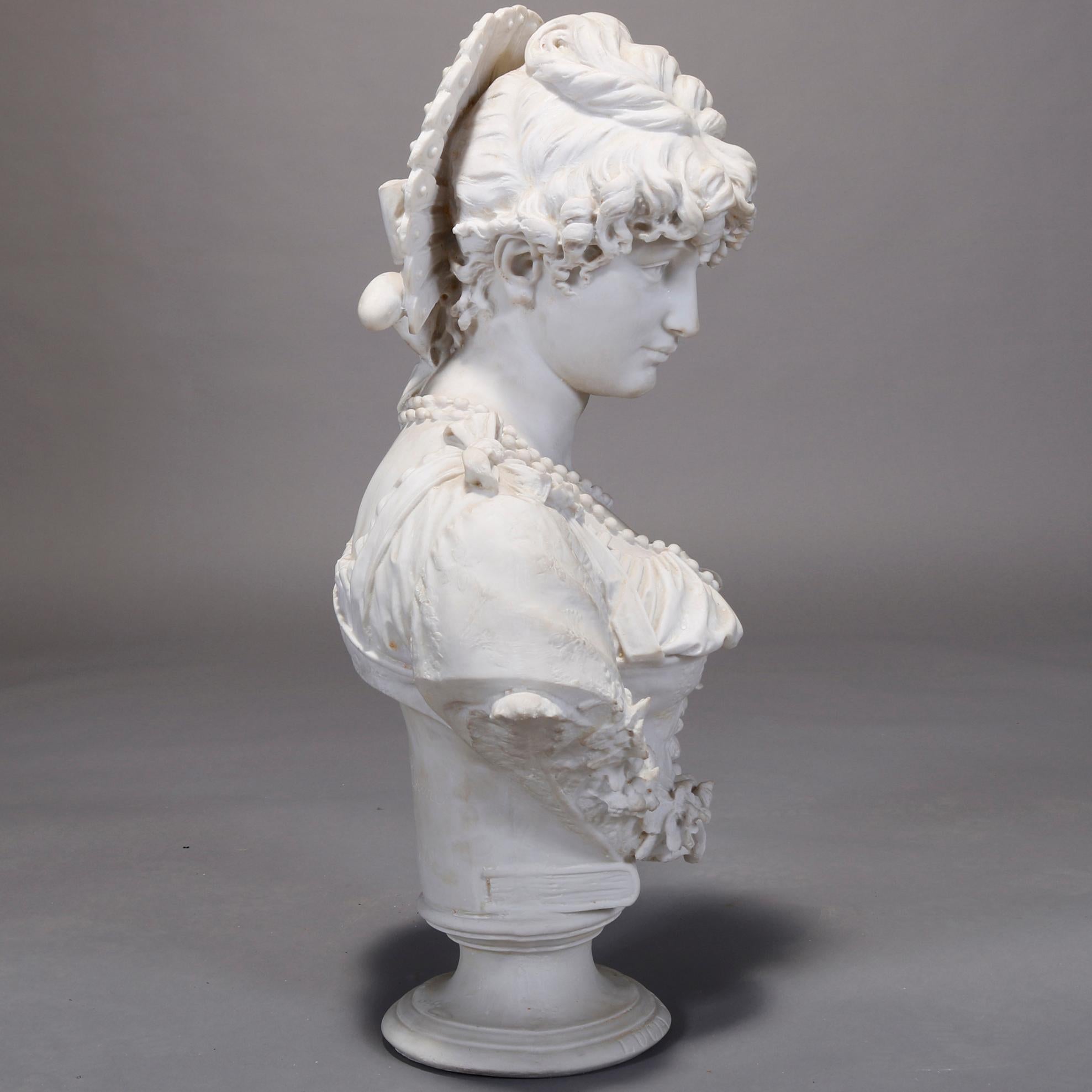 An antique oversized bust after original carved marble portrait sculpture of Lucia Mondella by Enrico Lapini (Italian, 1846-1908) offers parian bust of young woman, inscribed en verso 