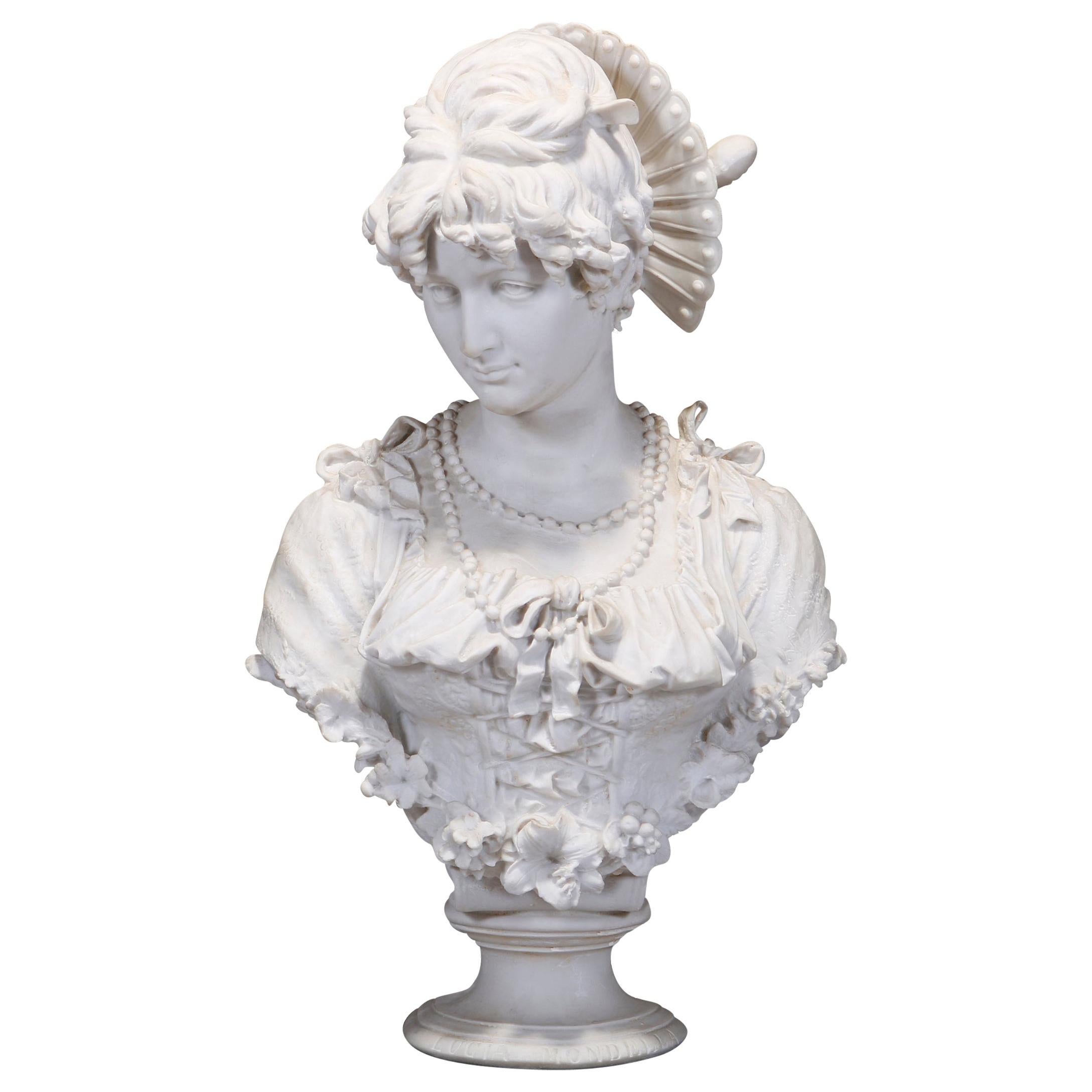 Antique Monumental Parian Enrico Lapini Bust Sculpture of Lucia Mondella, c 1893
