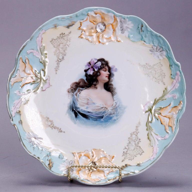 Oversized Prussia Painted and Gilt Portrait Plate of Young Woman, circa 1900 In Good Condition For Sale In Big Flats, NY