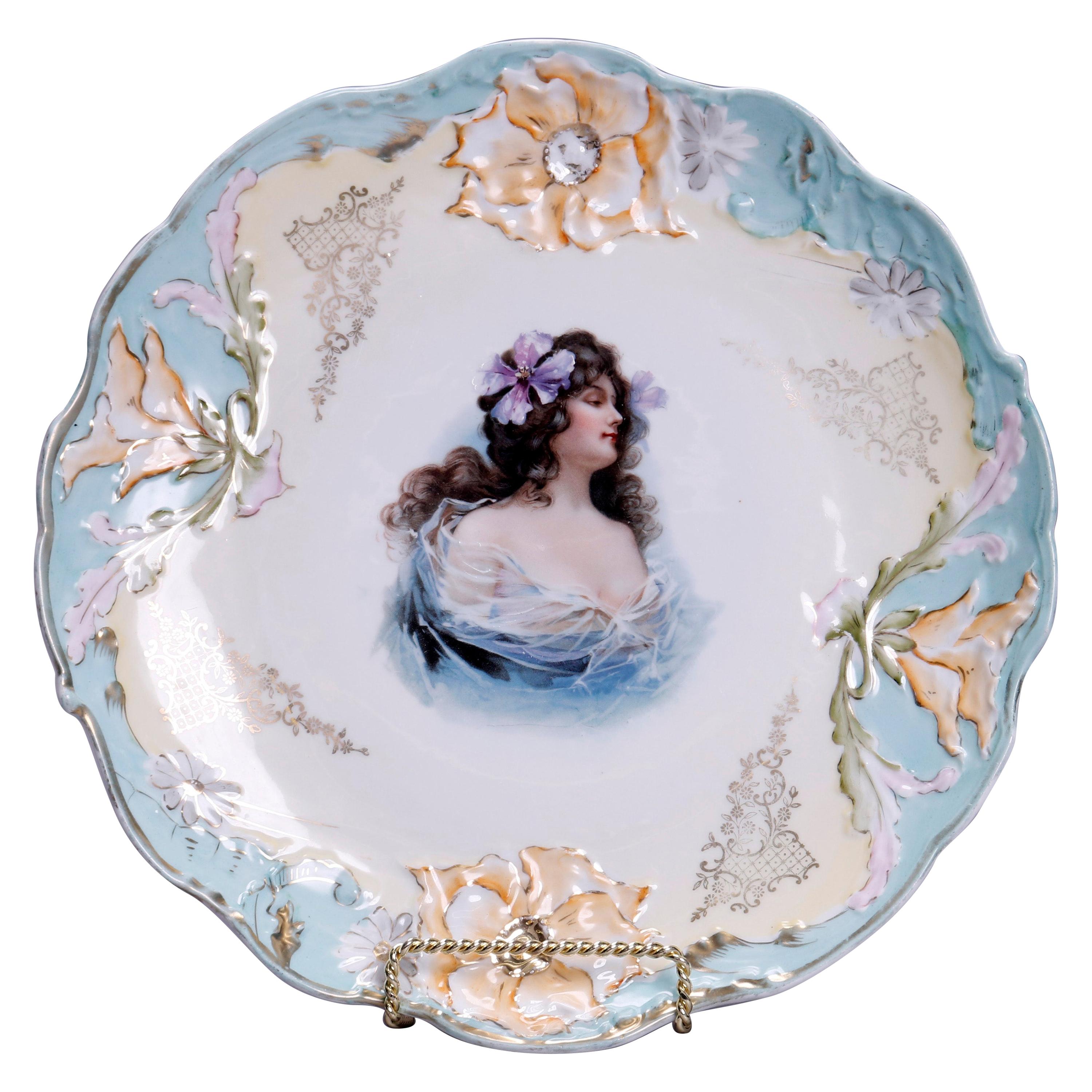 Oversized Prussia Painted and Gilt Portrait Plate of Young Woman, circa 1900 For Sale