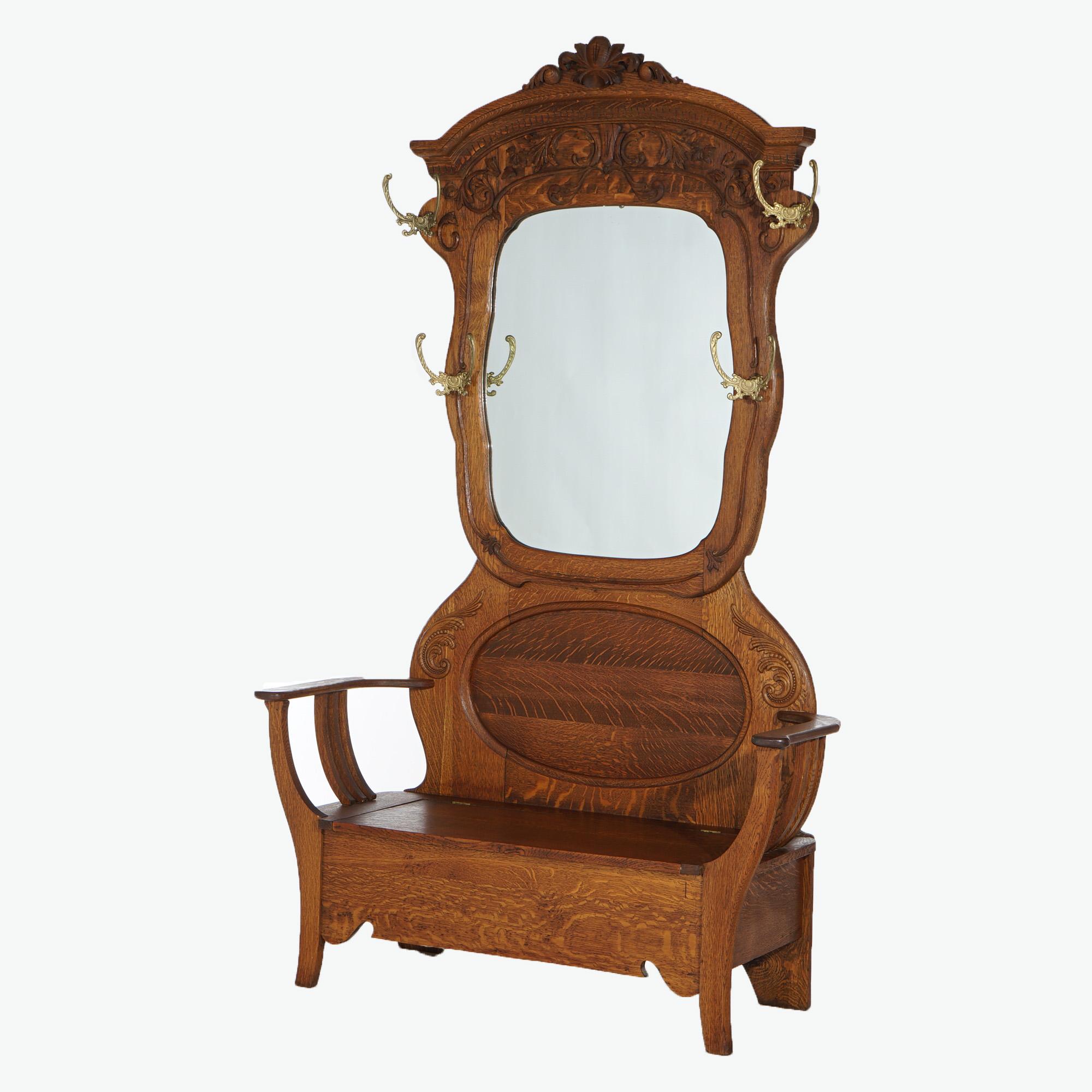 American Antique Oversized R J Horner Carved Oak & Mirrored Hall Seat circa 1900