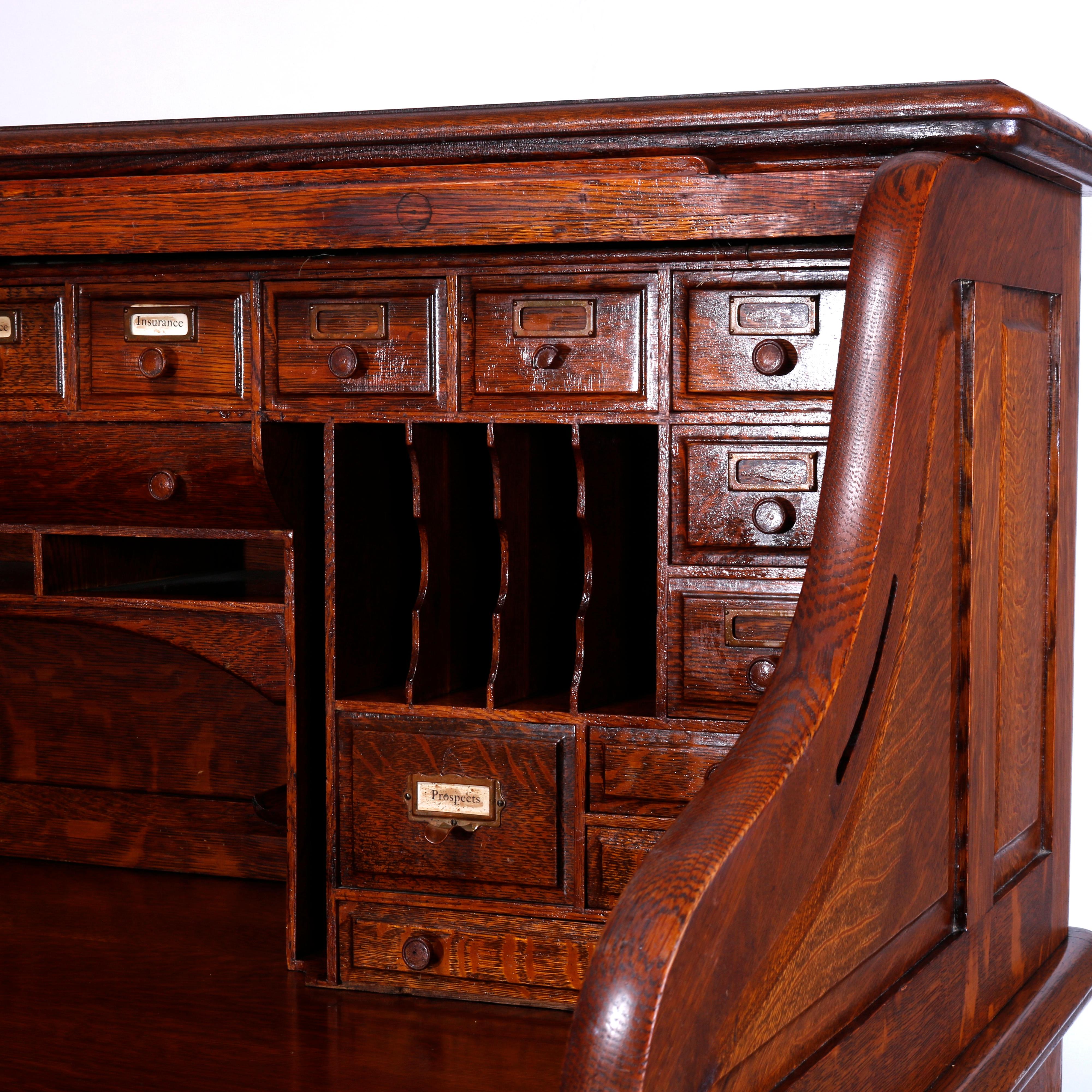 Antique Oversized Raised Panel & S-Roll Top Oak Desk, Full Interior, C1900 1