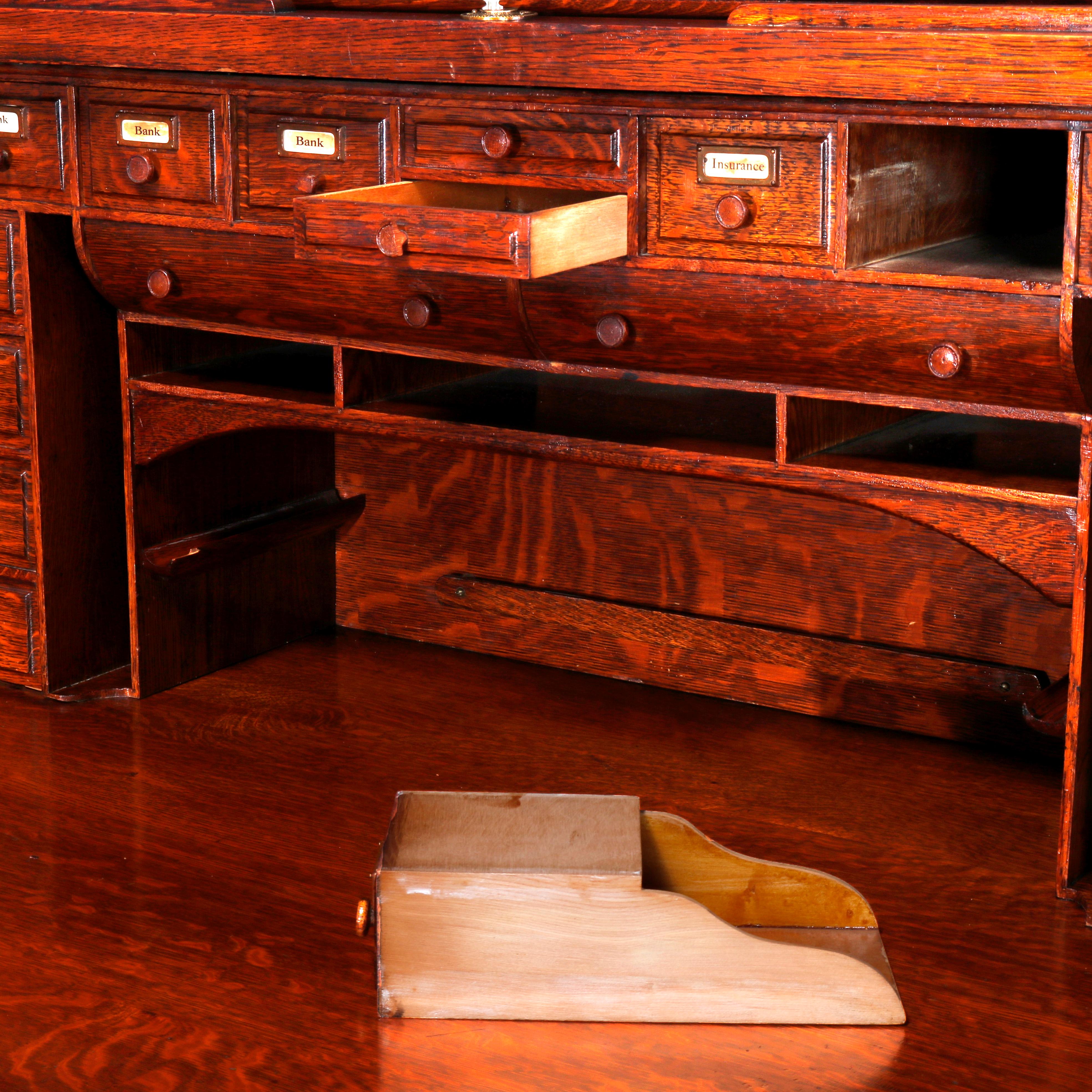 Antique Oversized Raised Panel & S-Roll Top Oak Desk, Full Interior, C1900 3