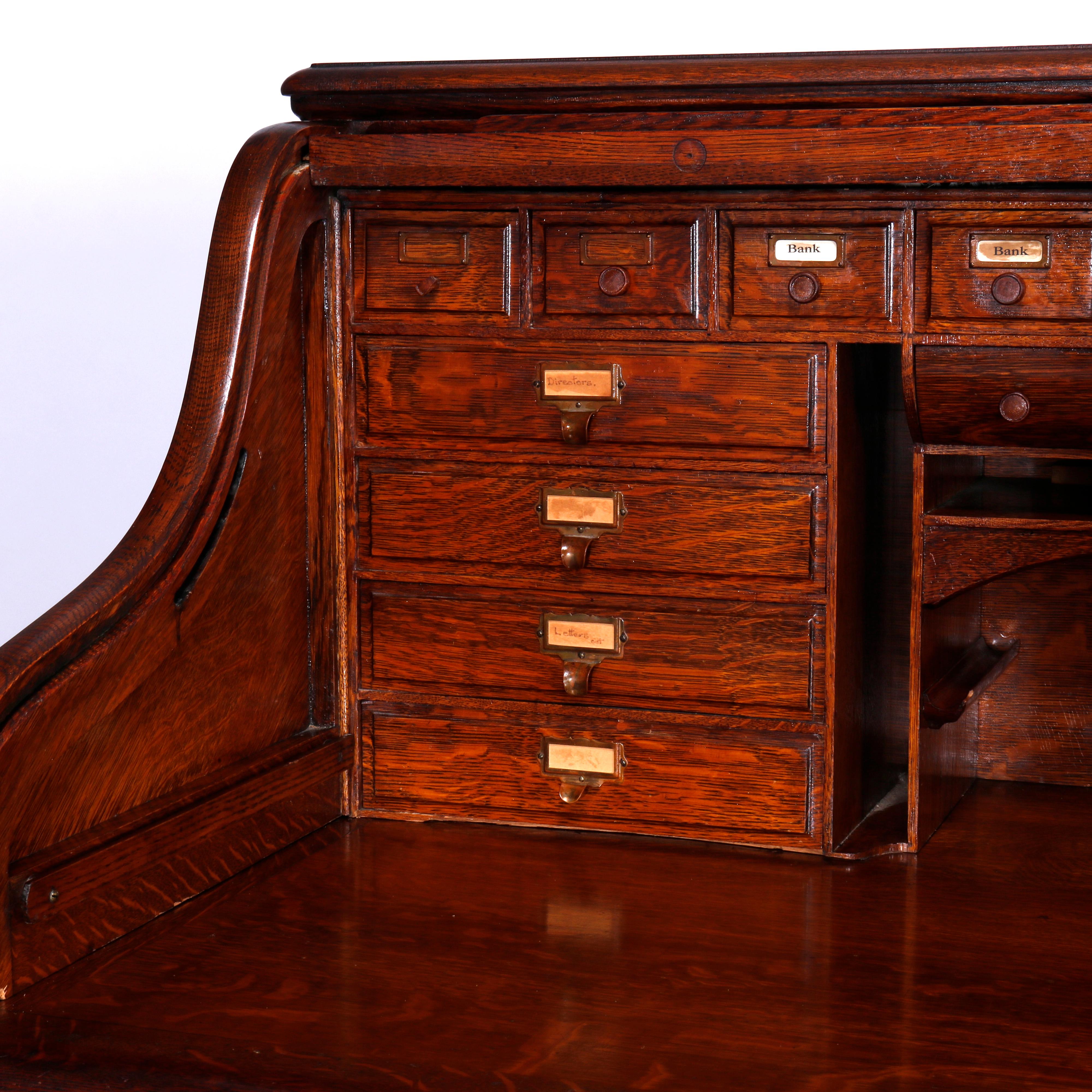 Antique Oversized Raised Panel & S-Roll Top Oak Desk, Full Interior, C1900 4