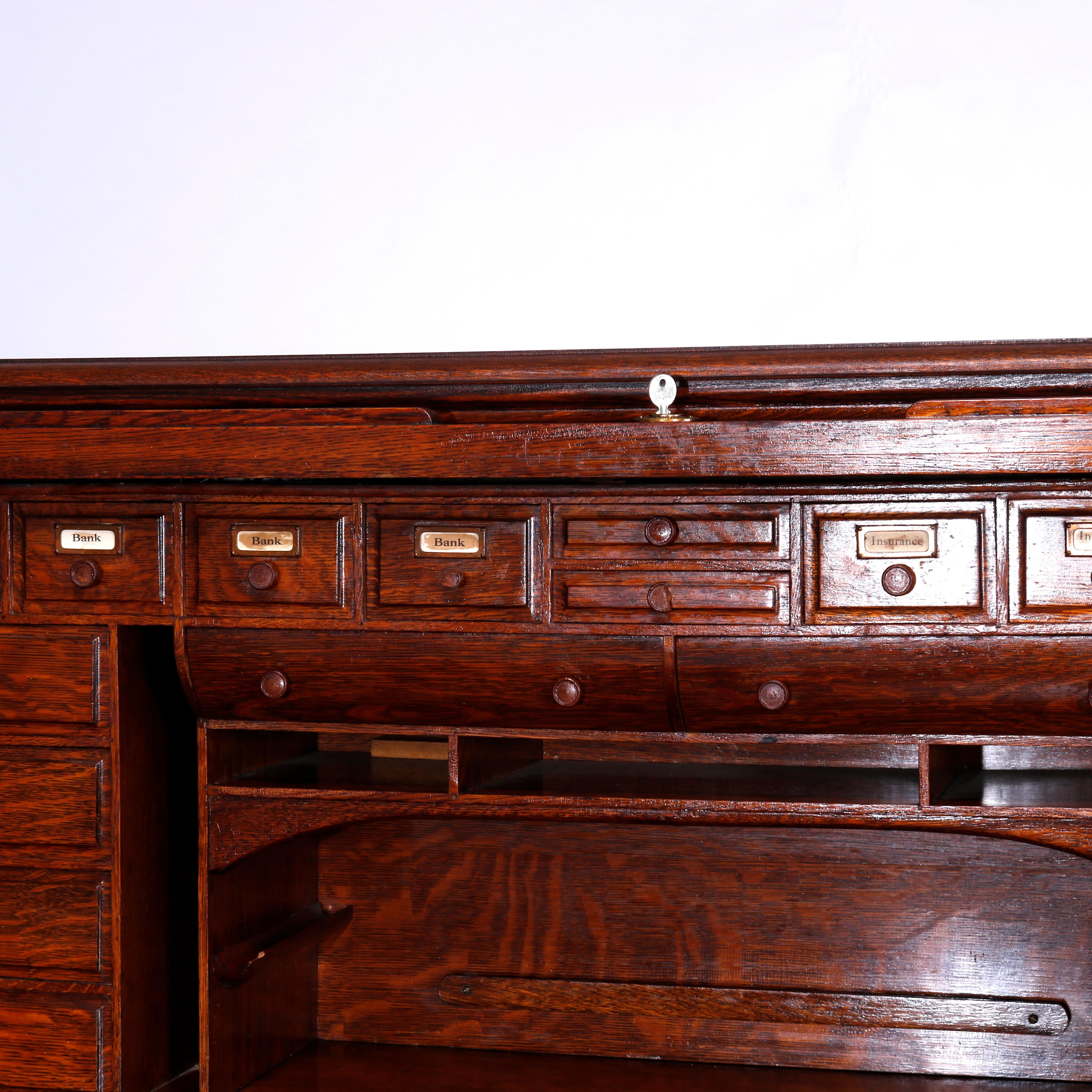 Antique Oversized Raised Panel & S-Roll Top Oak Desk, Full Interior, C1900 5