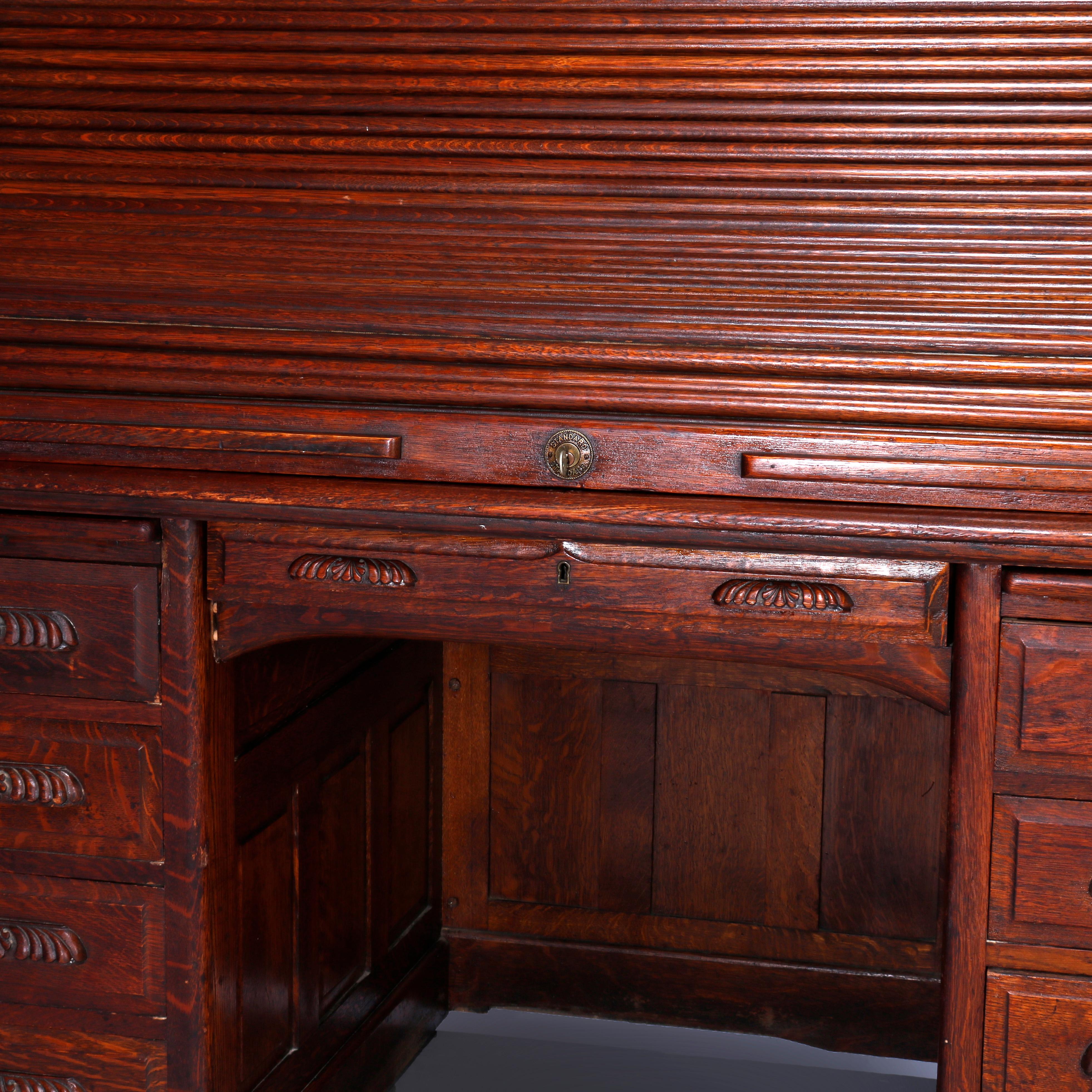 Antique Oversized Raised Panel & S-Roll Top Oak Desk, Full Interior, C1900 6